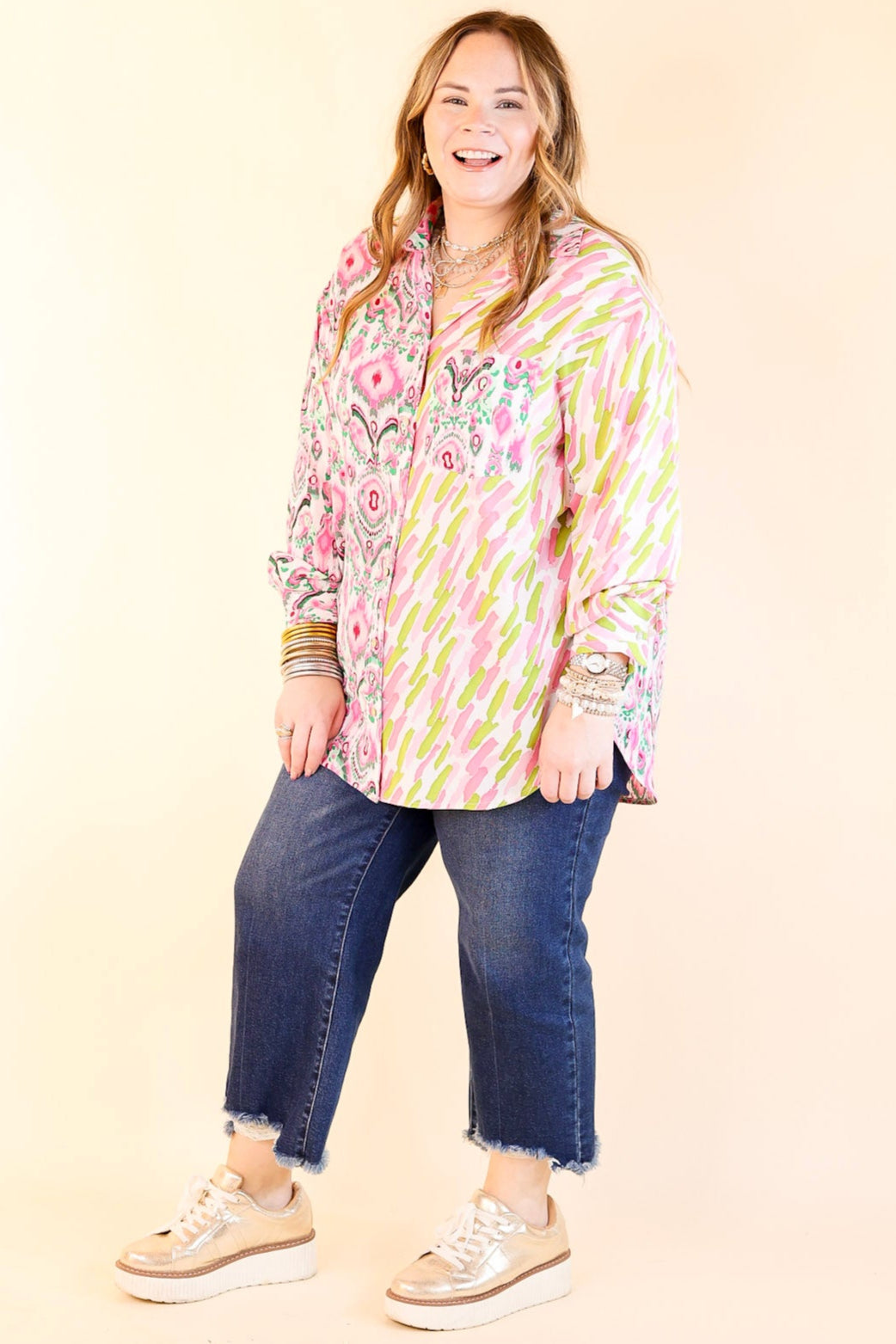 Premium Mosaic Stripe Button-Up Top in Green & Pink