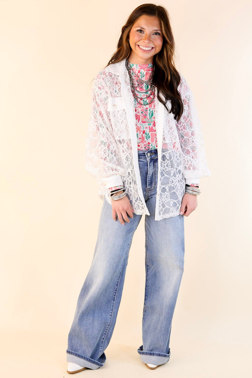 Premium Sheer Chic Lace Button-Up Top - Ultimate Elegance in White