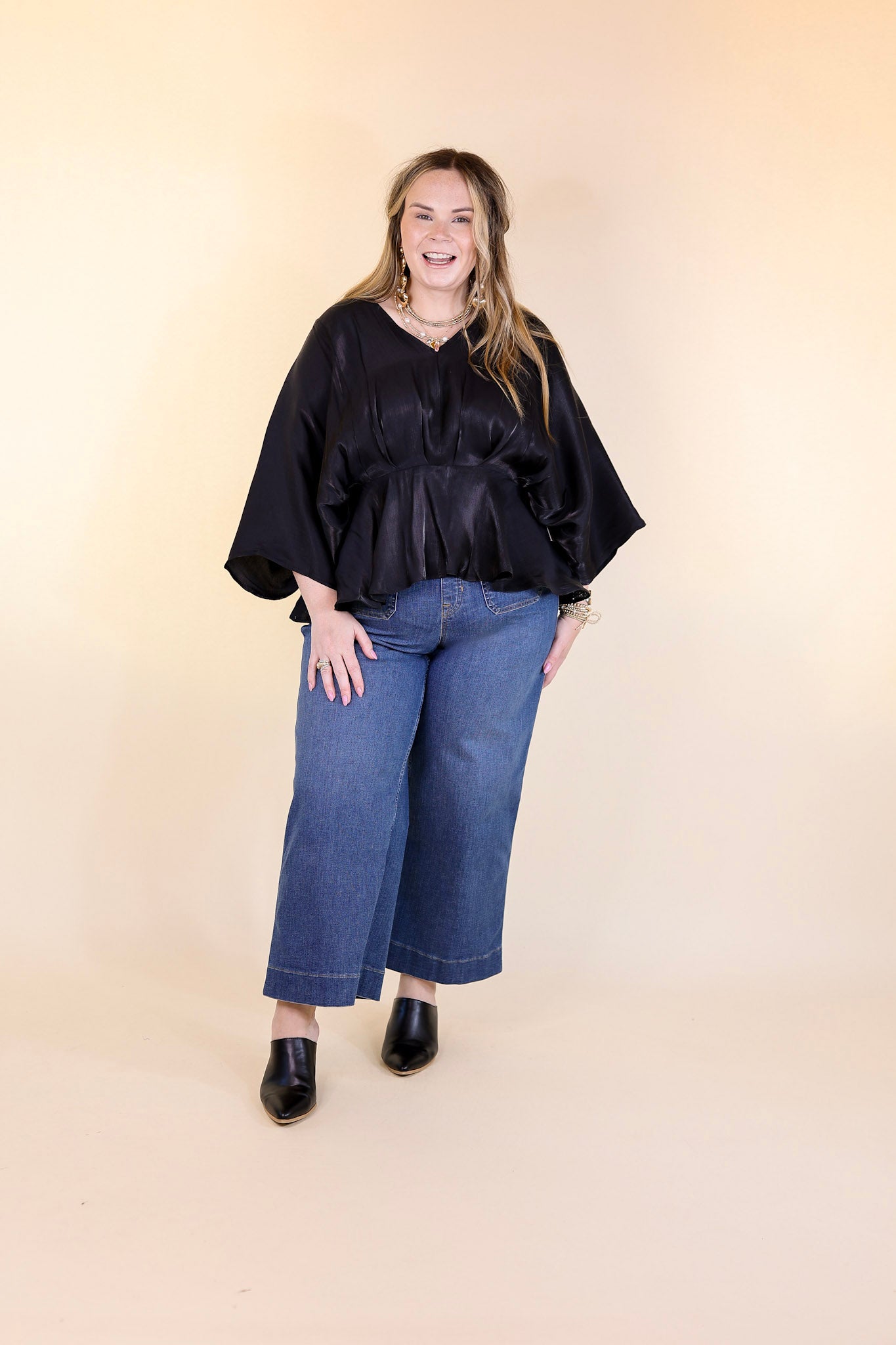 Ultimate Shiny Black Satin V-Neck Peplum Top with Drop Sleeves