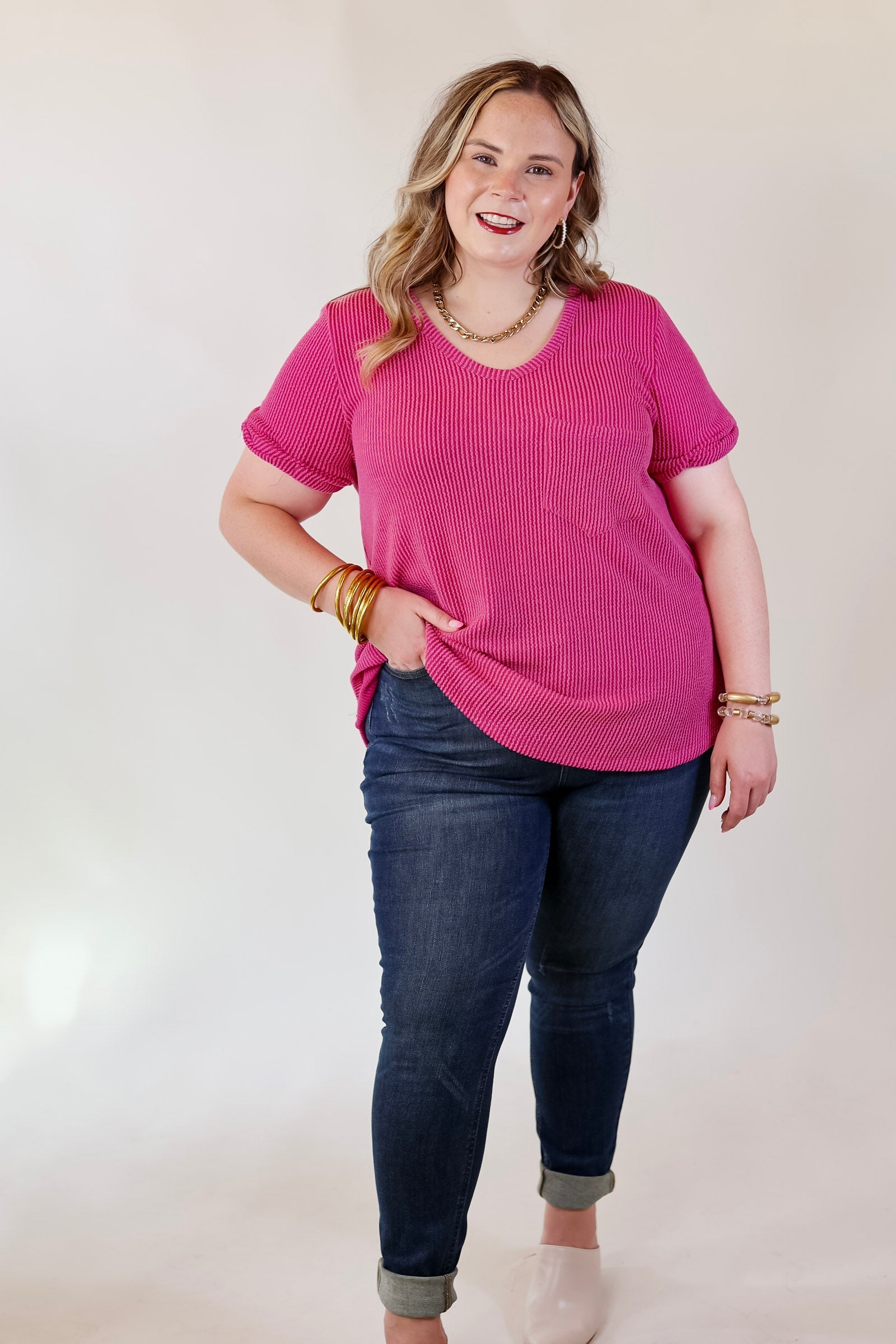 Ultimate Comfort Ribbed Short Sleeve Top with Front Pocket - Orchid Pink