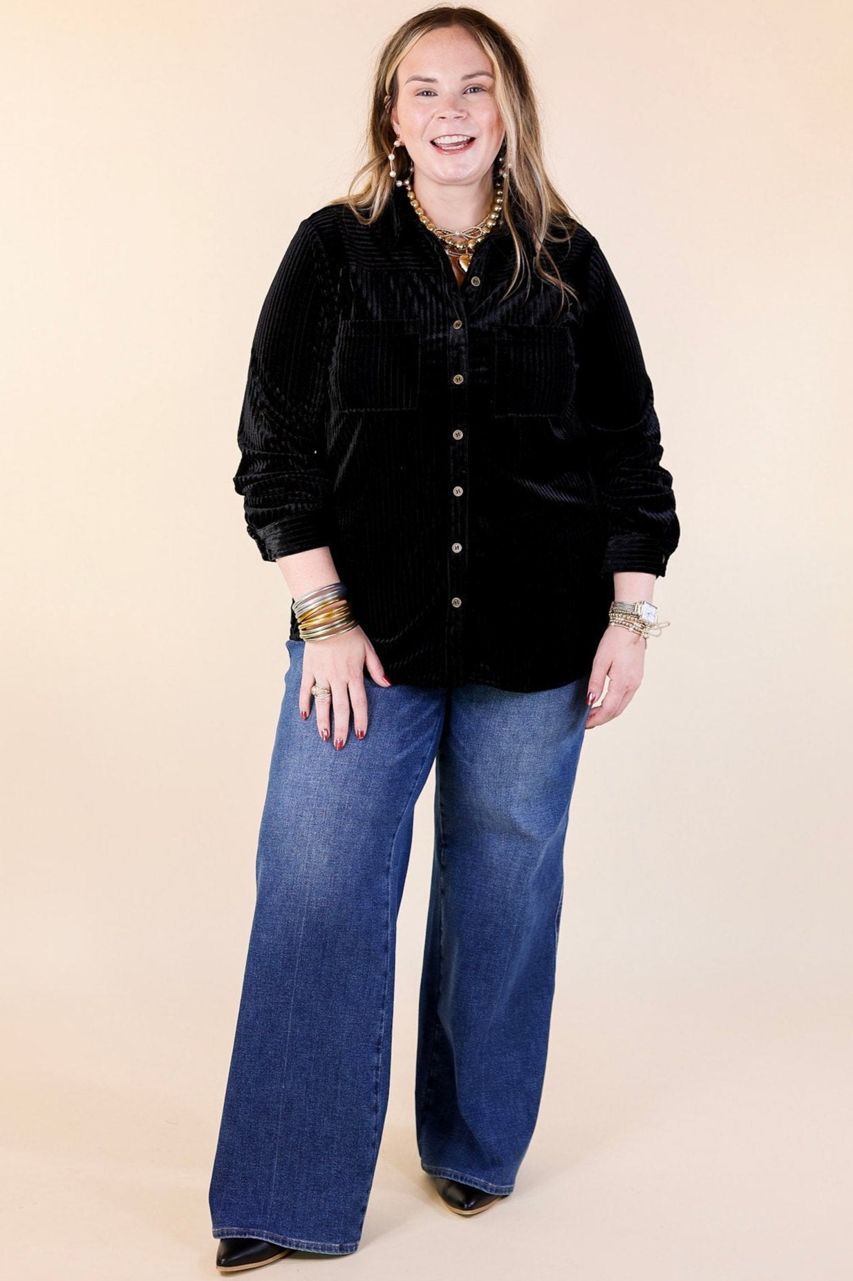 Premium Velvet Luxe Striped Button-Up Top - Black