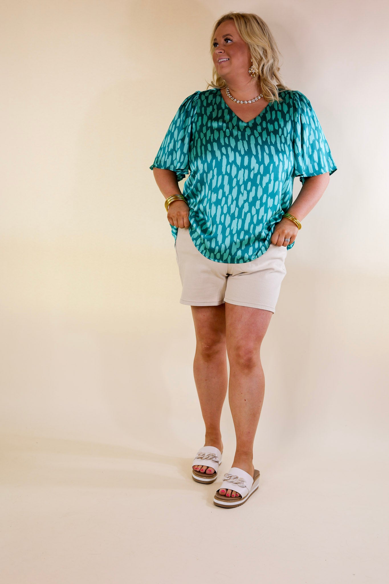 Premium Satin Dotted V-Neck Blouse - Teal Mix