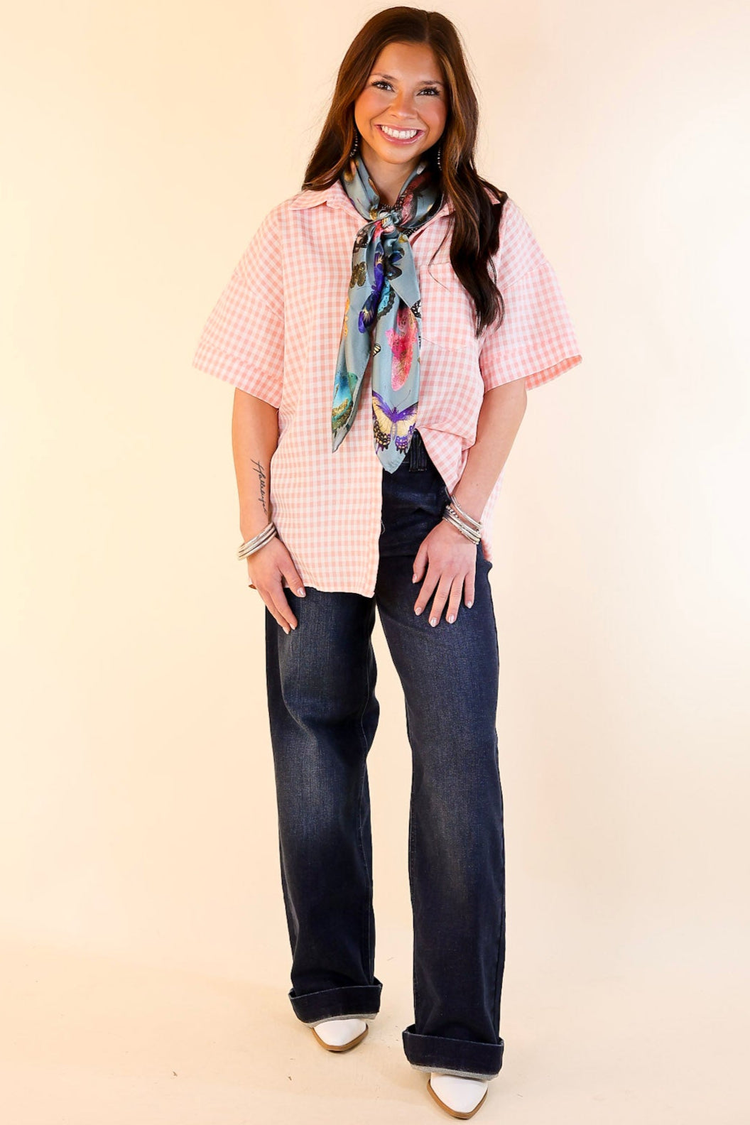 Ultimate Spring Style: Light Pink Gingham Short Sleeve Button-Up Top