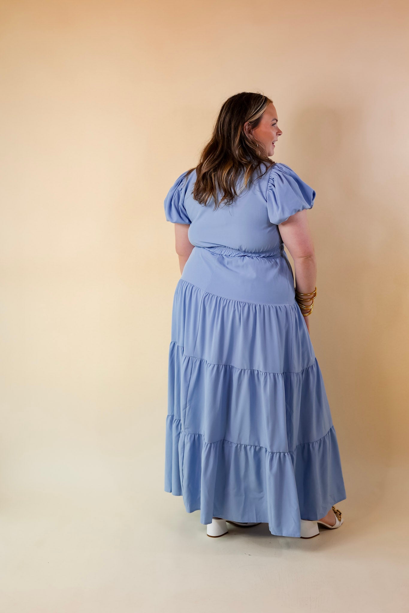Ultimate 'Table for Two' Tiered Maxi Dress - Chambray Blue with Puff Sleeves