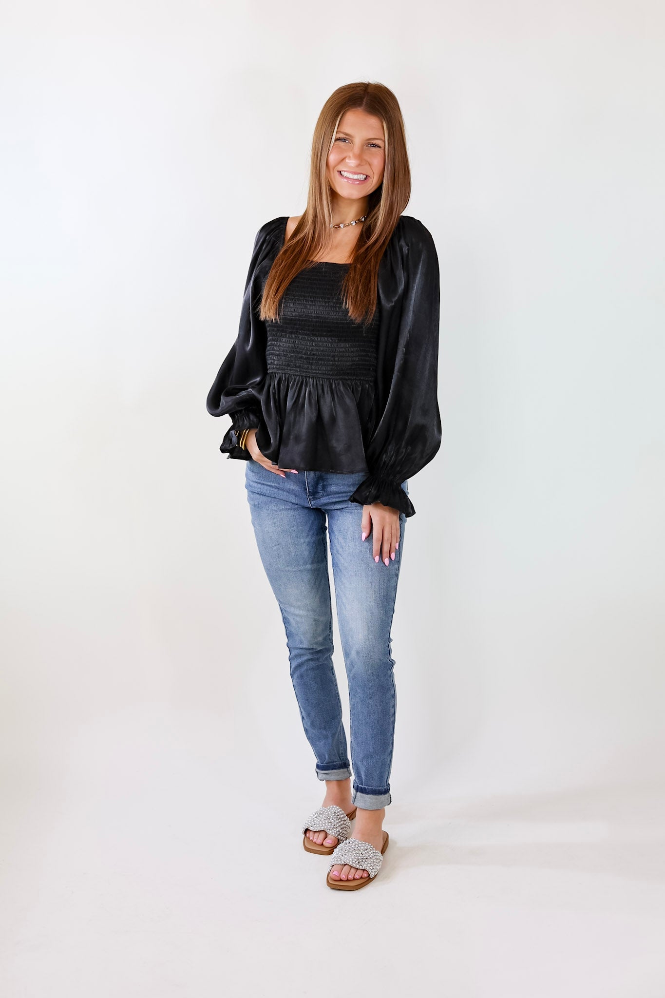 Ultimate Elegance Smocked Long Sleeve Top - Black