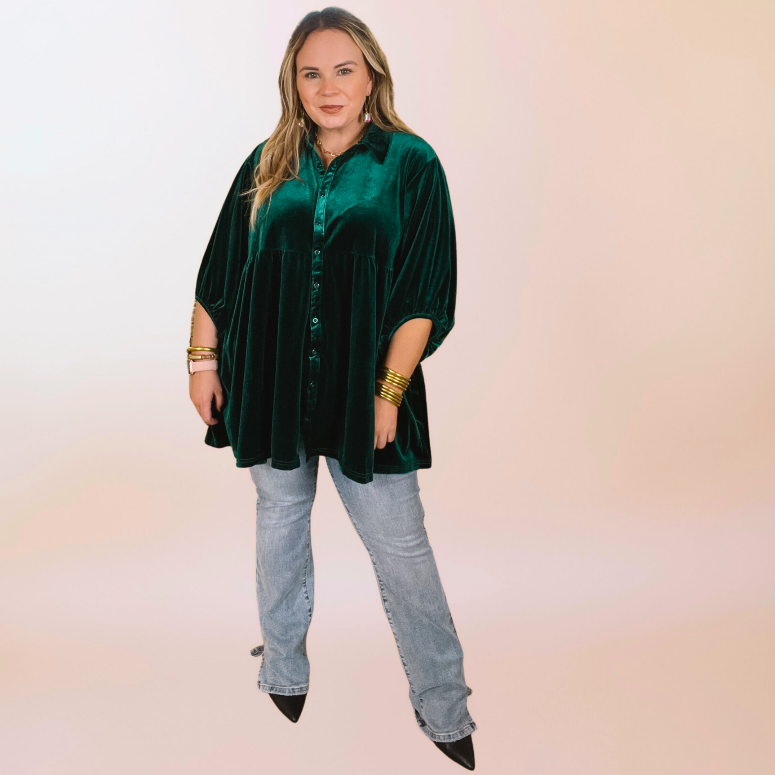 Premium Velvet Babydoll Tunic Top - Emerald Green | Love Link Collection