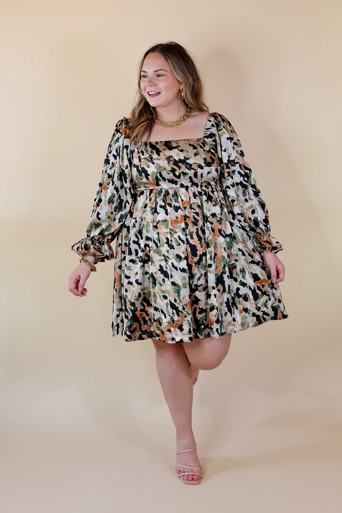 Premium Watercolor Satin Dress | Olive Mix Elegance with 3/4 Sleeves