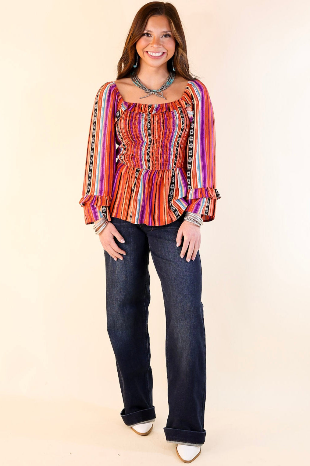 Premium Blissful Break Serape Print Peplum Top – Rust Orange Mix