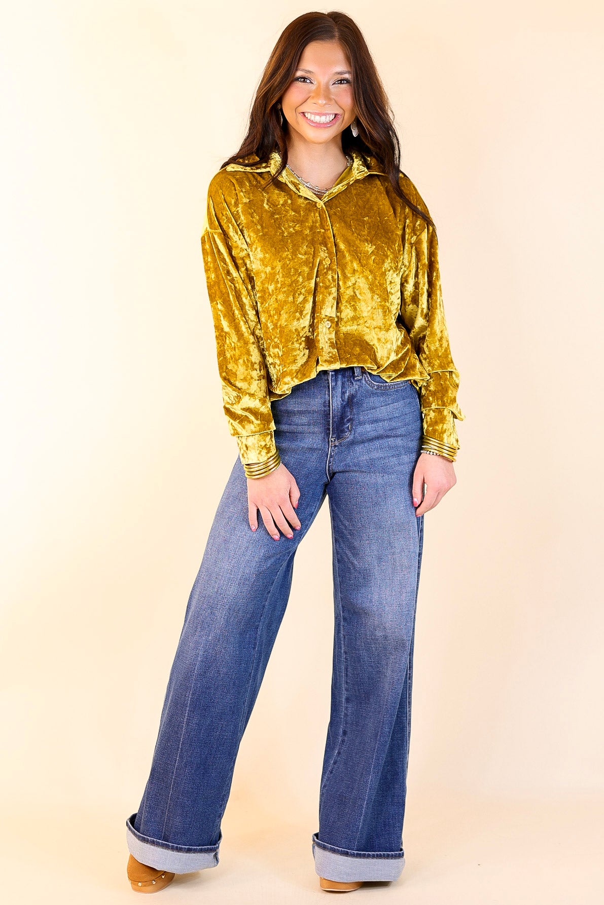 Premium Velvet Long Sleeve Button-Up Blouse in Mustard Yellow