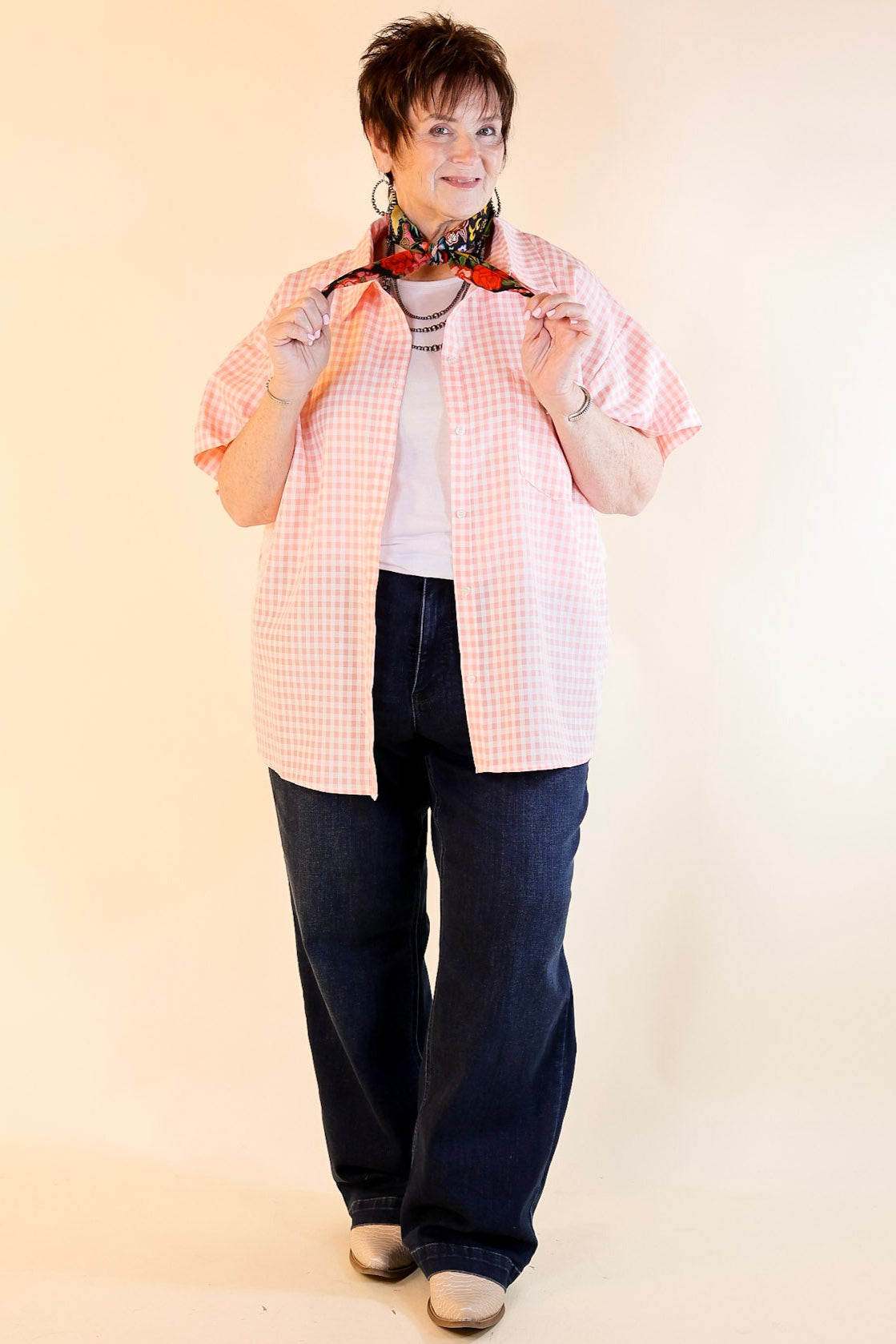 Ultimate Spring Style: Light Pink Gingham Short Sleeve Button-Up Top