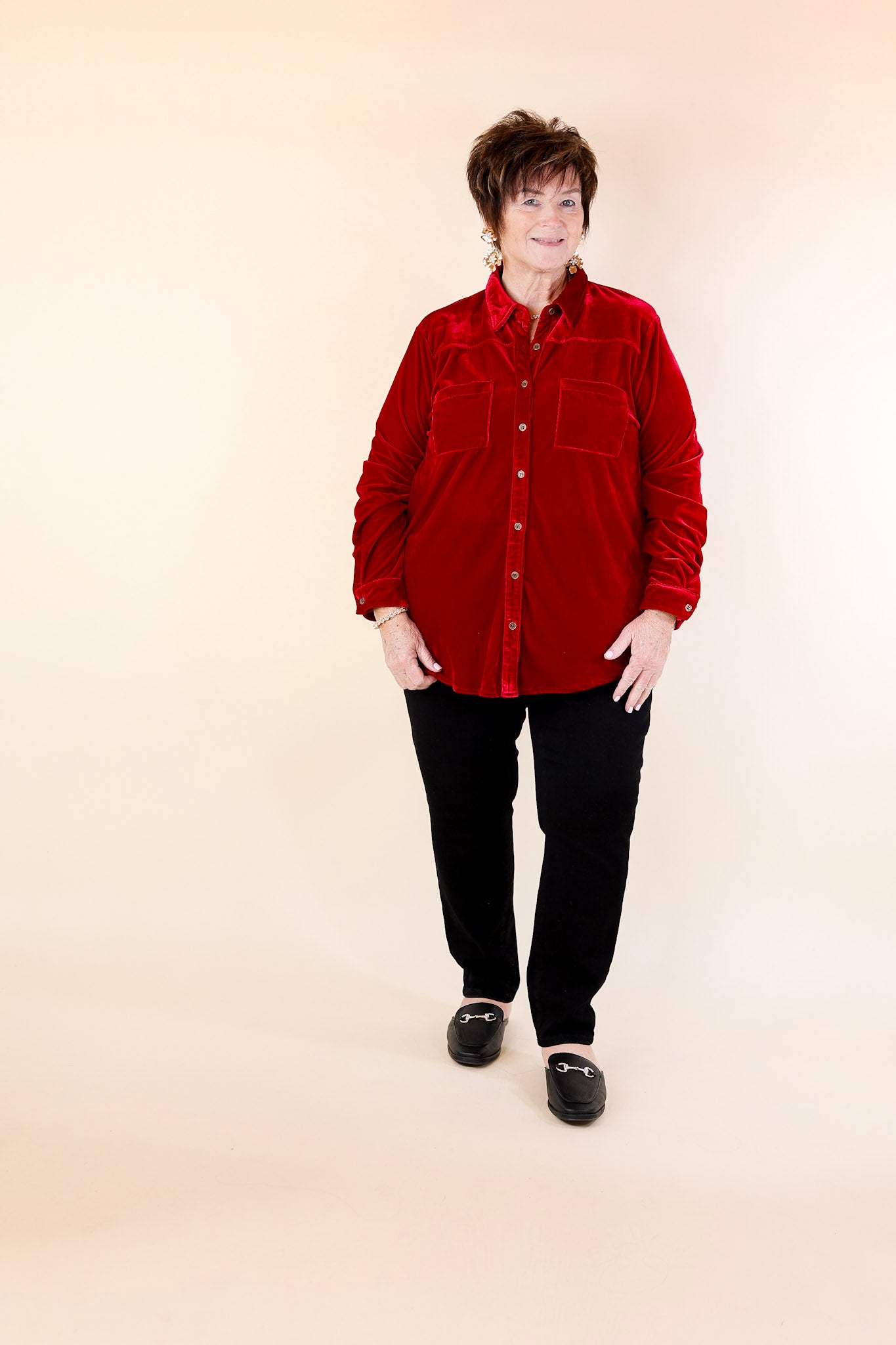 Premium Velvet Button-Up Blouse - Candy Apple Red