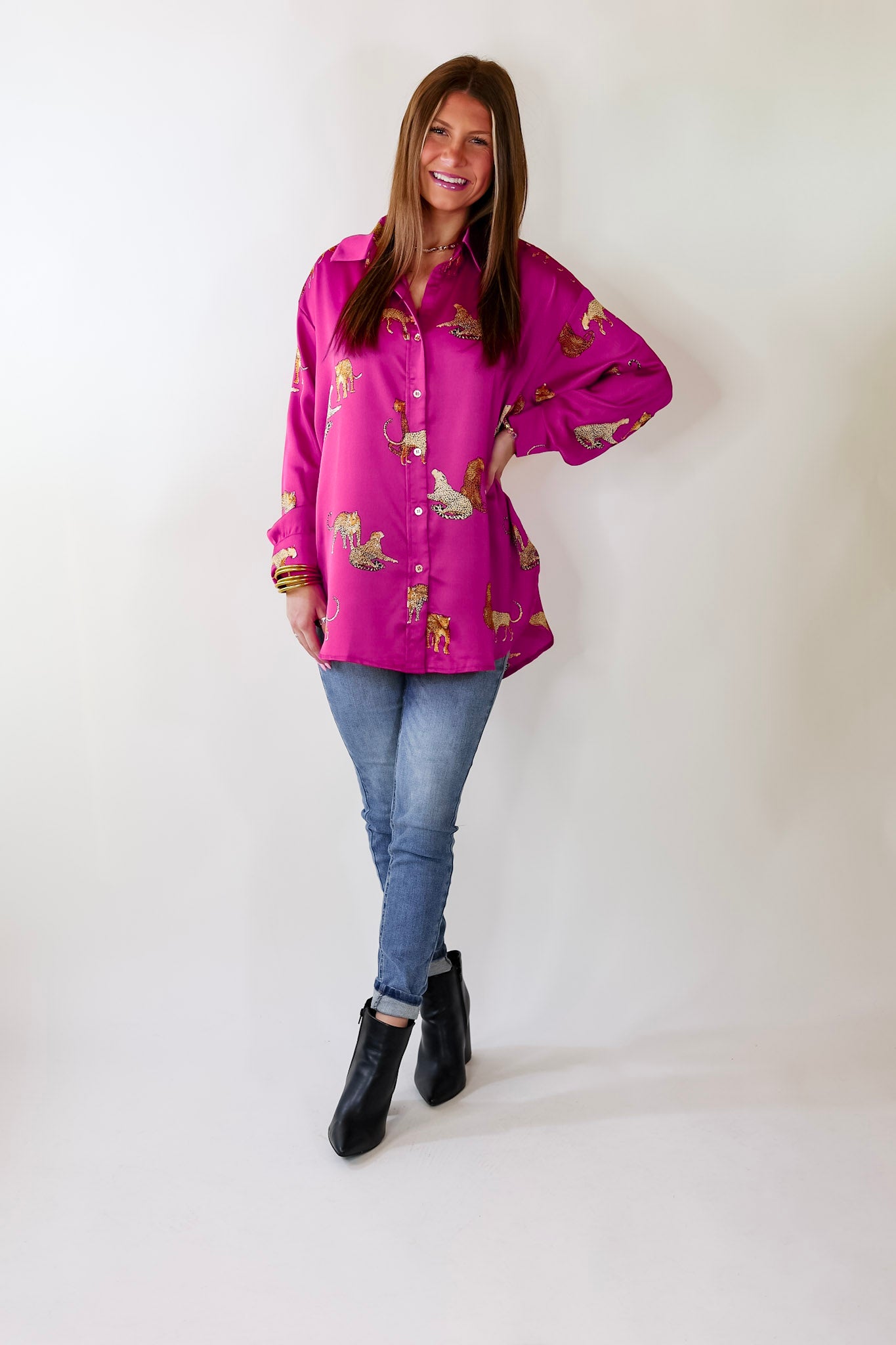 Premium Cheetah Print Long Sleeve Button-Up Top - Magenta Pink