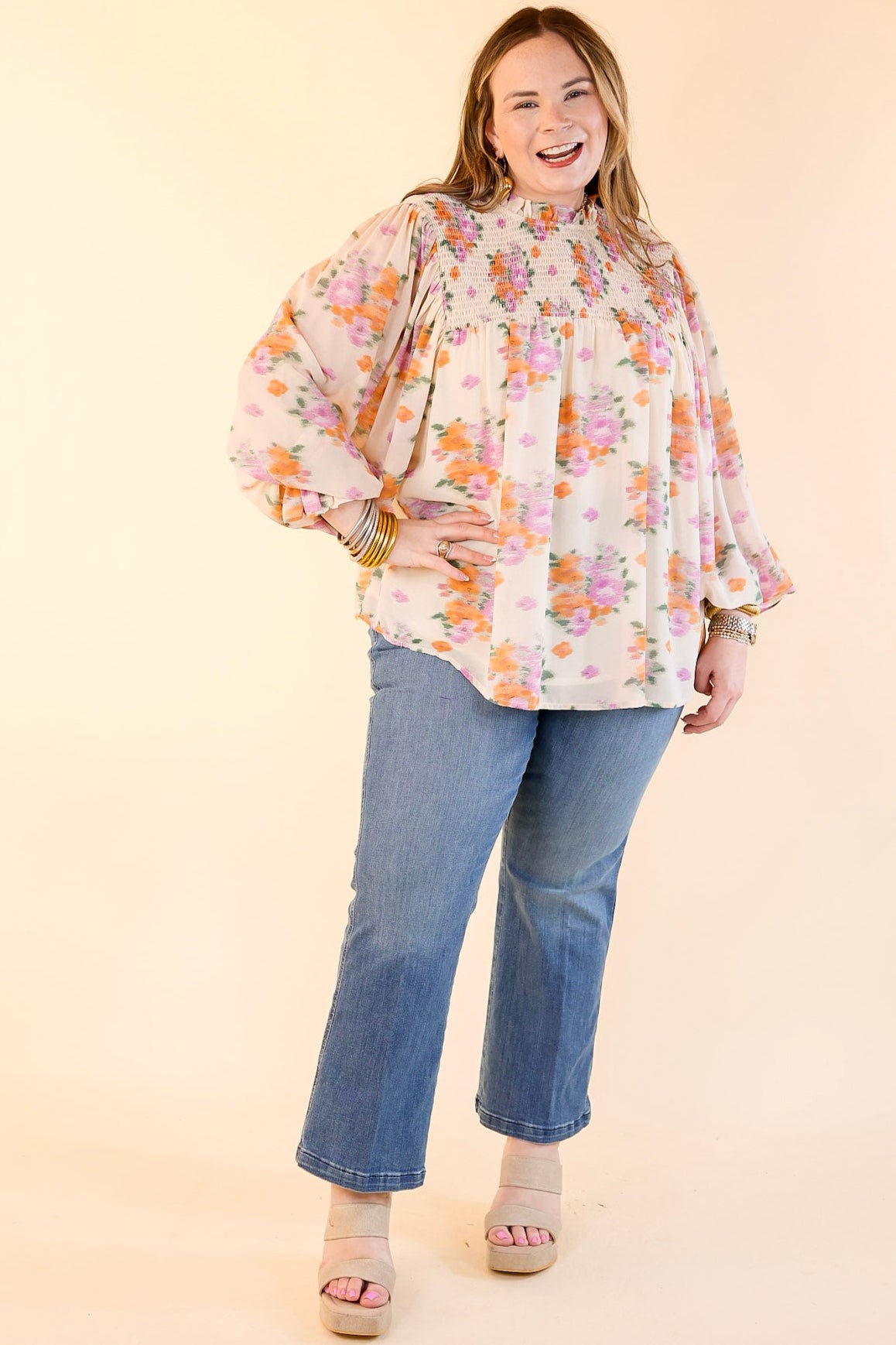 Premium Garden Glow Watercolor Floral Blouse - Elegant High Neckline in Ivory