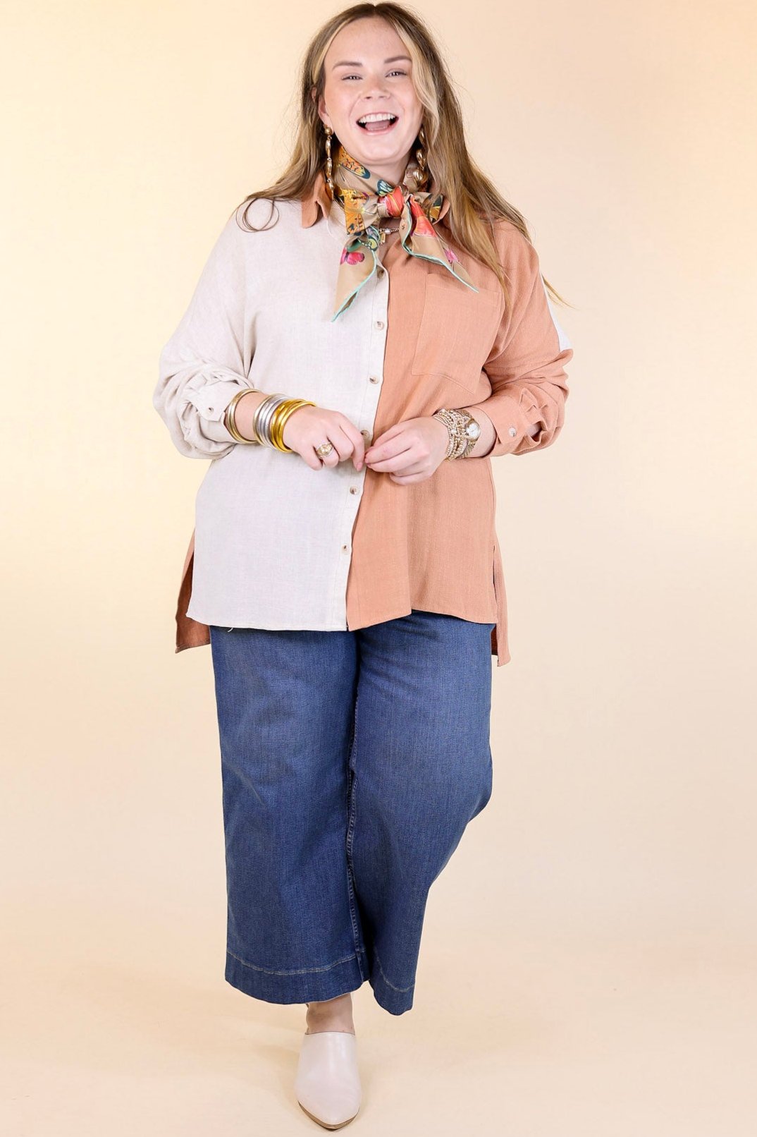 Premium Terracotta Color Block Button-Up Top