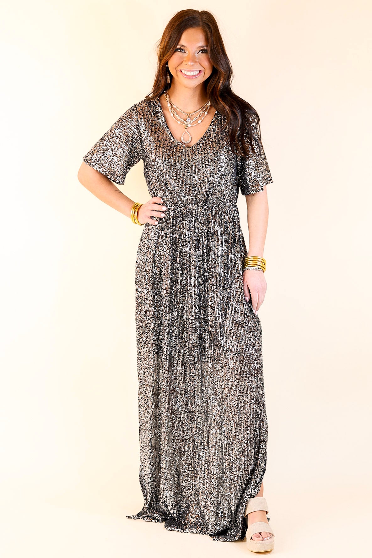 Ultimate Sparkle City Short Sleeve Sequin Maxi Dress - Black