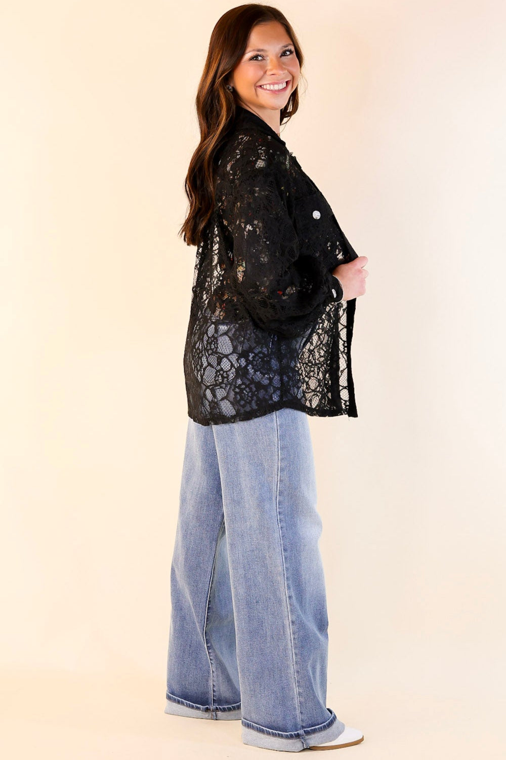 Ultimate Sheer Elegance: Black Lace Collared Button-Up Top