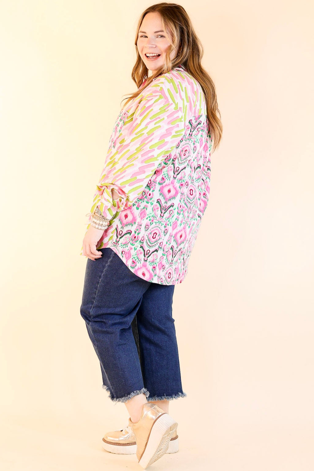 Premium Mosaic Stripe Button-Up Top in Green & Pink