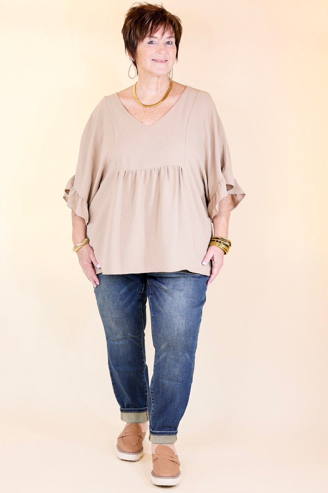 Premium Chic Cascades Tiered V-Neck Ruffle Sleeve Top in Taupe