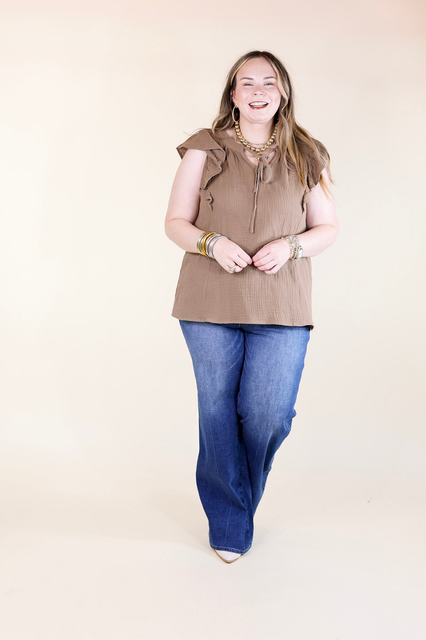 Premium Dual Season Ruffle Top - Mocha Brown with Keyhole & Tie Neckline