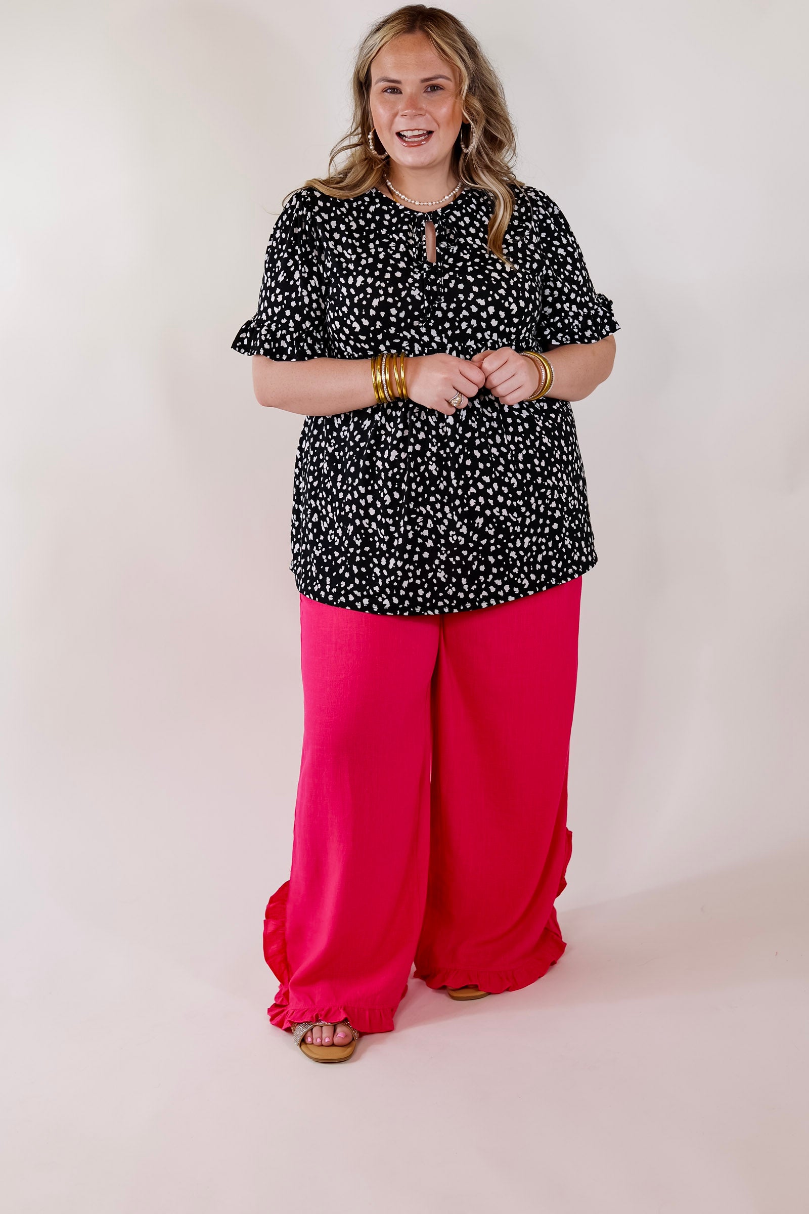 Premium Cheetah Print Babydoll Top - Black with Keyhole & Tie Neckline
