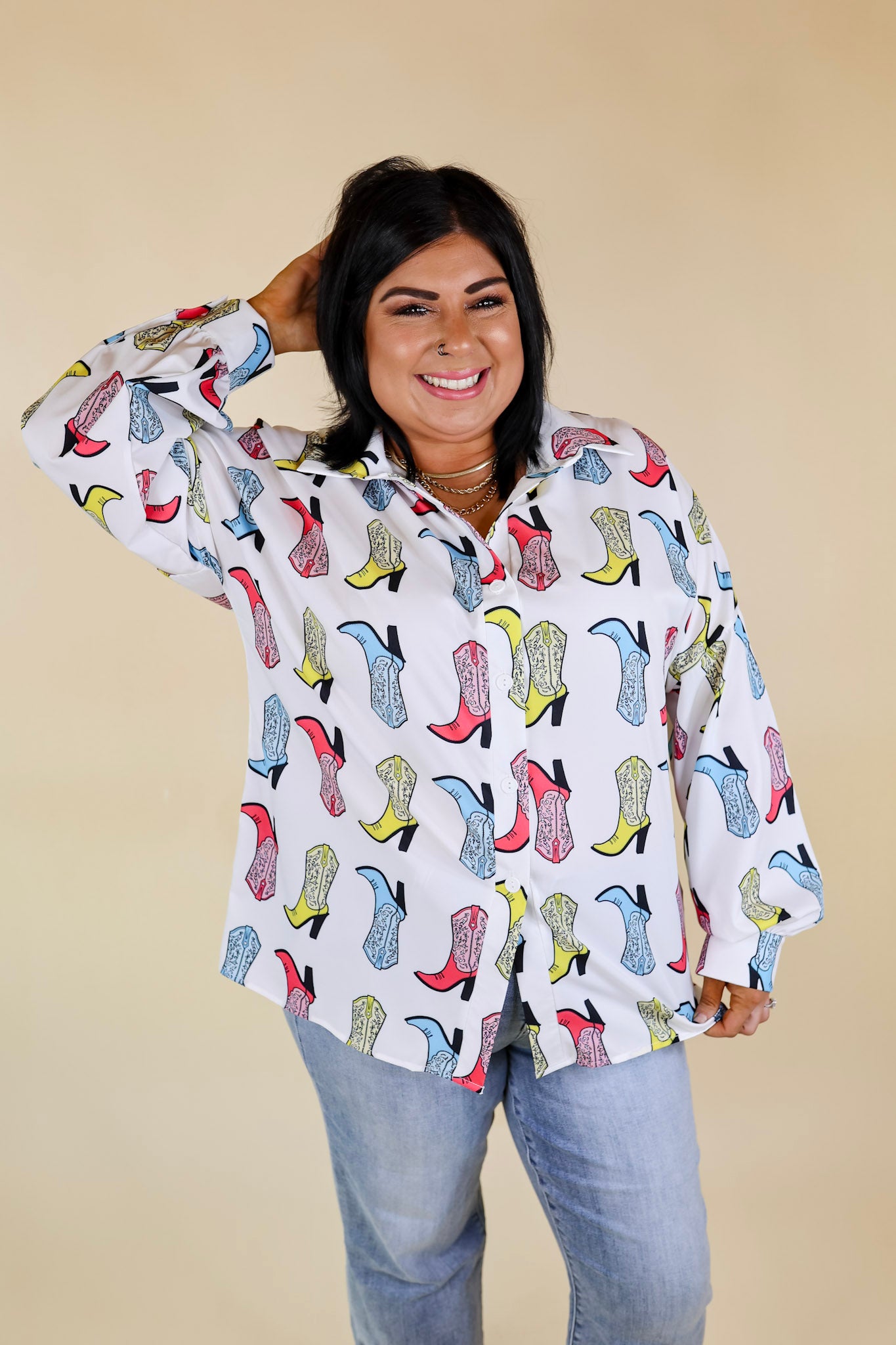 Ultimate Cowgirl Chic Button-Up Top - Multi-Color Boot Print in White