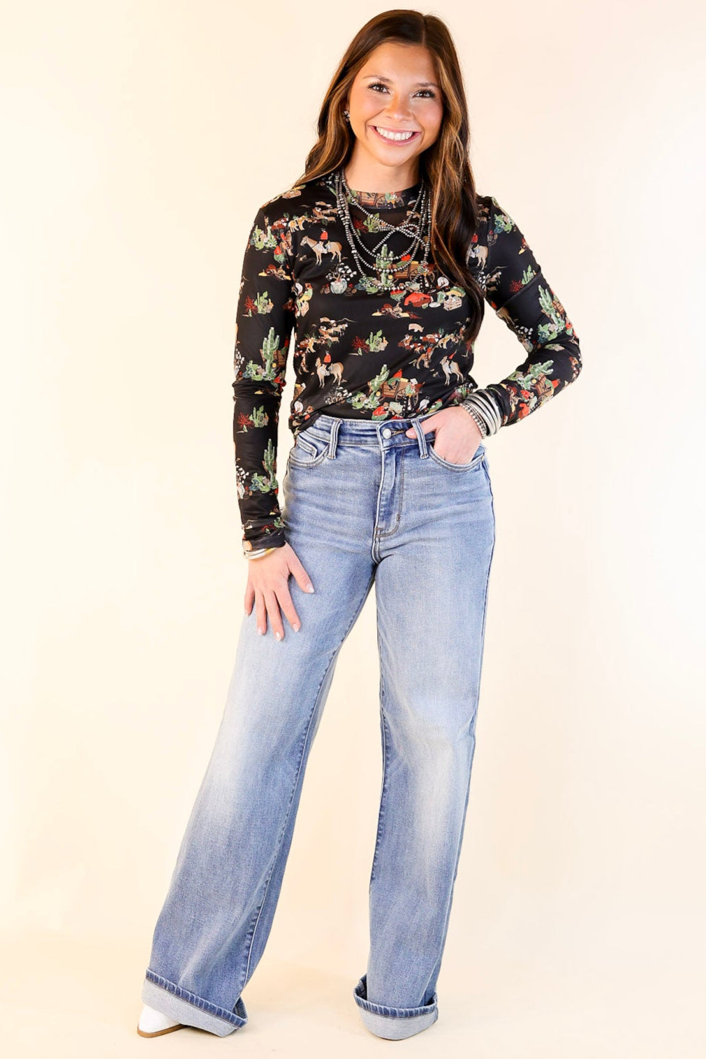 Premium Western Dream Mesh Long Sleeve Top - Retro Black Print