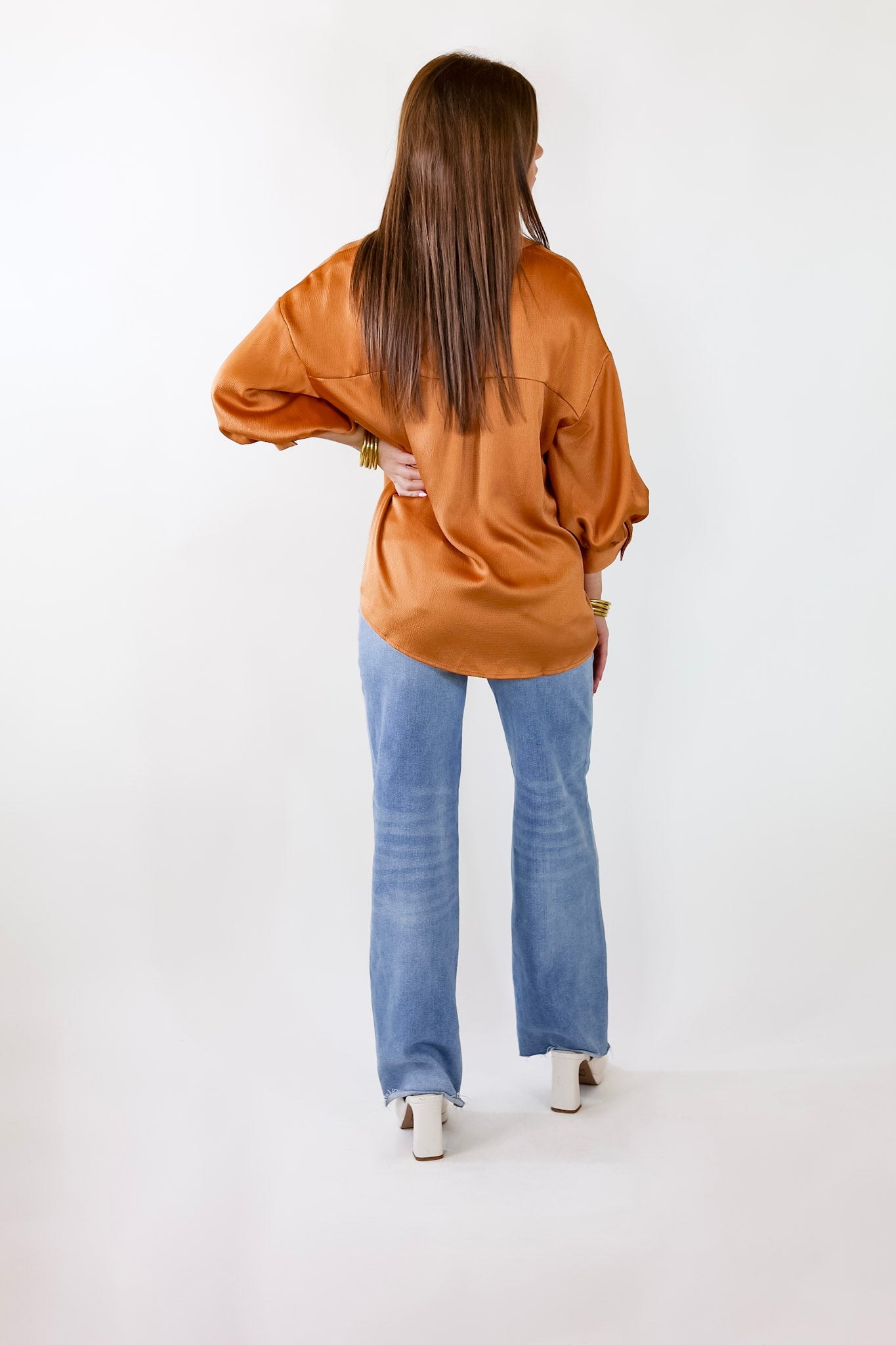 Premium Sweet Notion Button-Up Top with Balloon Sleeves in Pumpkin Orange