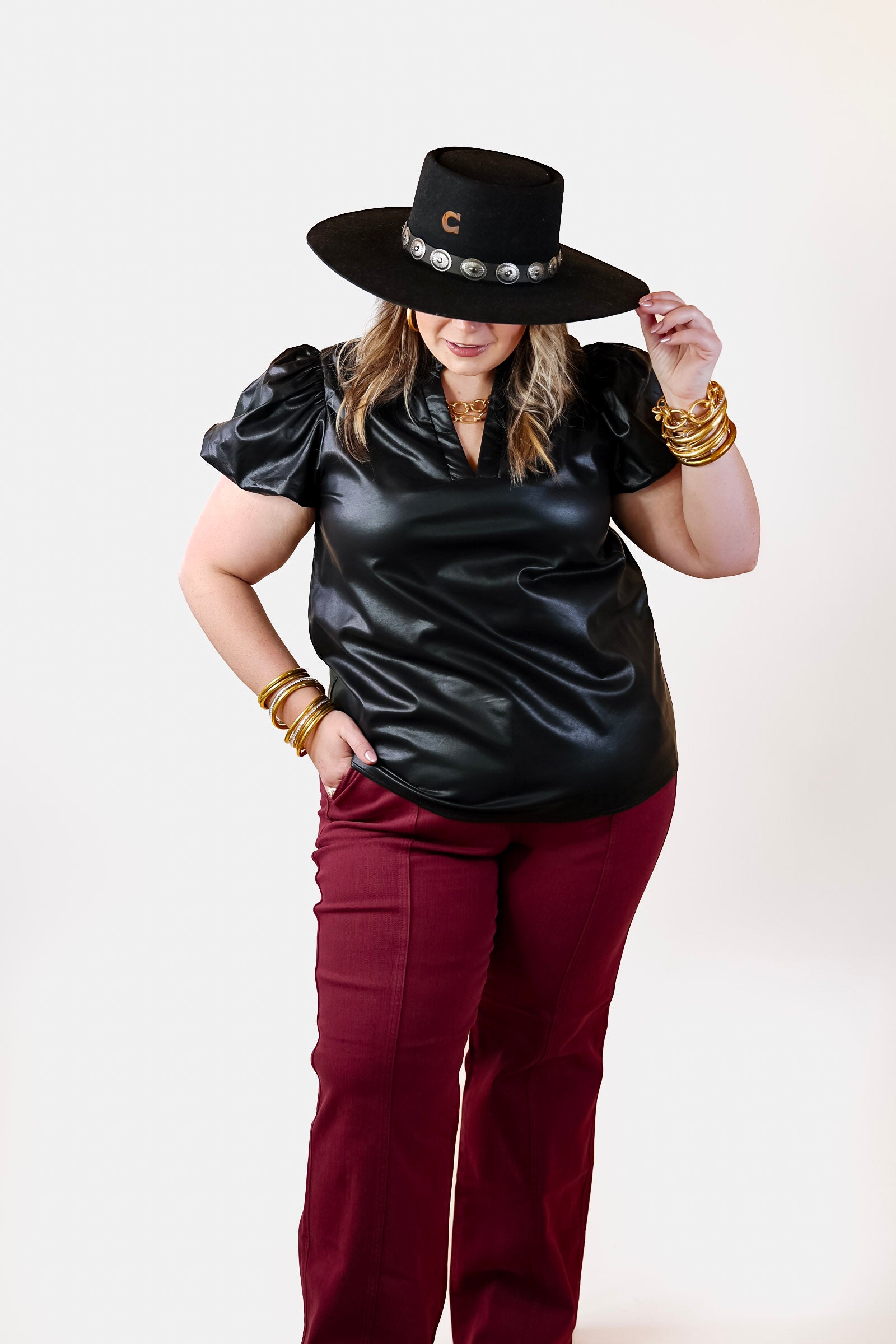Premium Replay The Night Faux Leather Top - Black with Balloon Sleeves