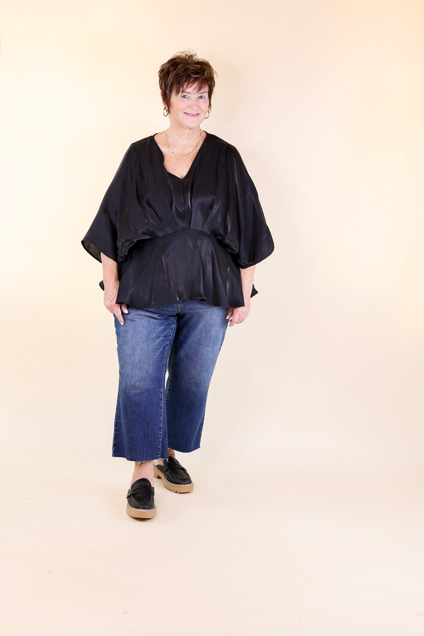 Ultimate Shiny Black Satin V-Neck Peplum Top with Drop Sleeves