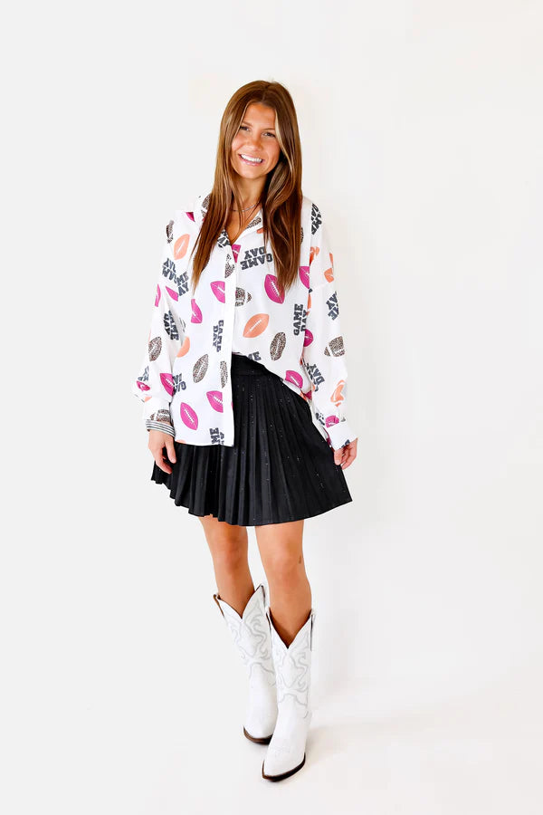 Ultimate Gameday Football Print Button-Up Top - Premium White