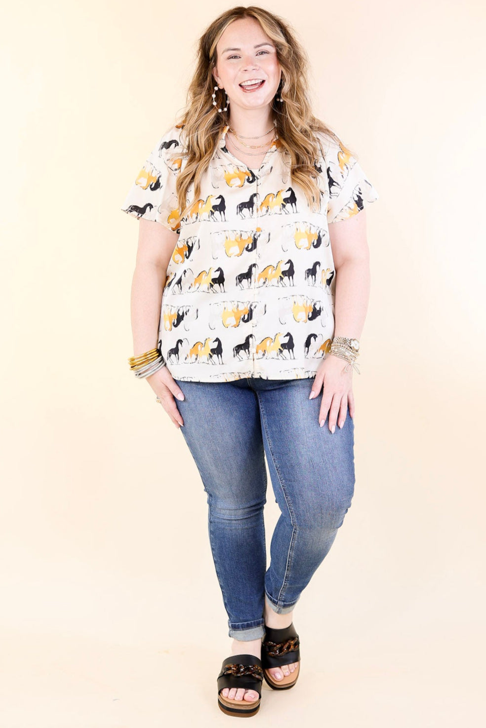 Premium Away We Go Ivory Horse Print Button-Up Shirt