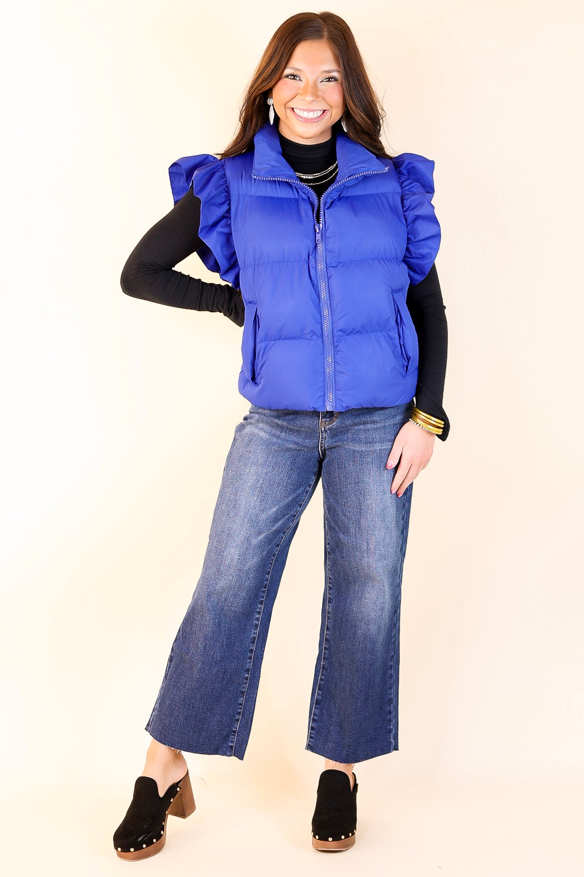 Premium All-Season Ruffle Sleeve Puffer Vest - Royal Blue