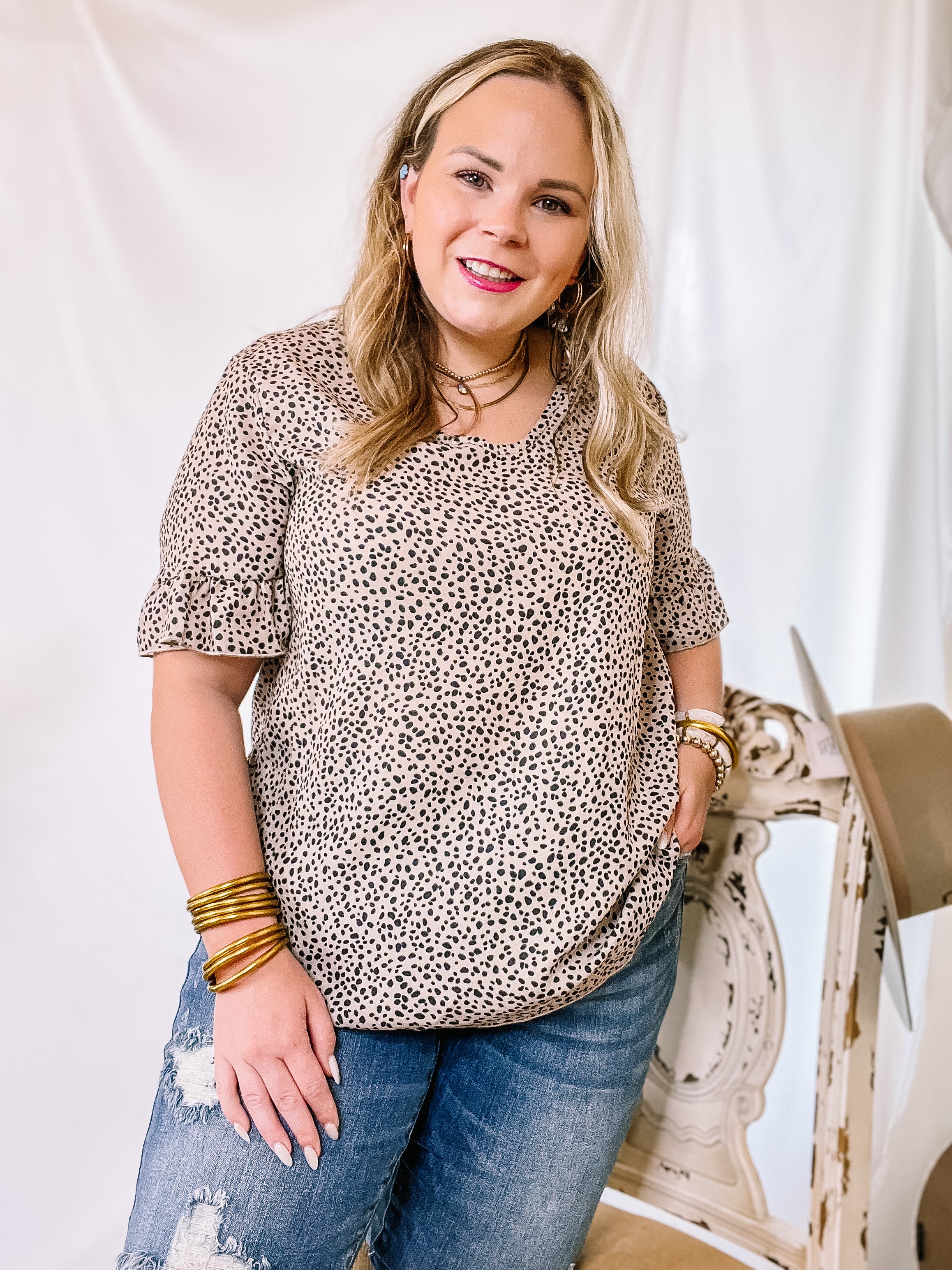 Premium Taupe V-Neck Ruffle Top with Dotted Print | Ultimate Casual Elegance