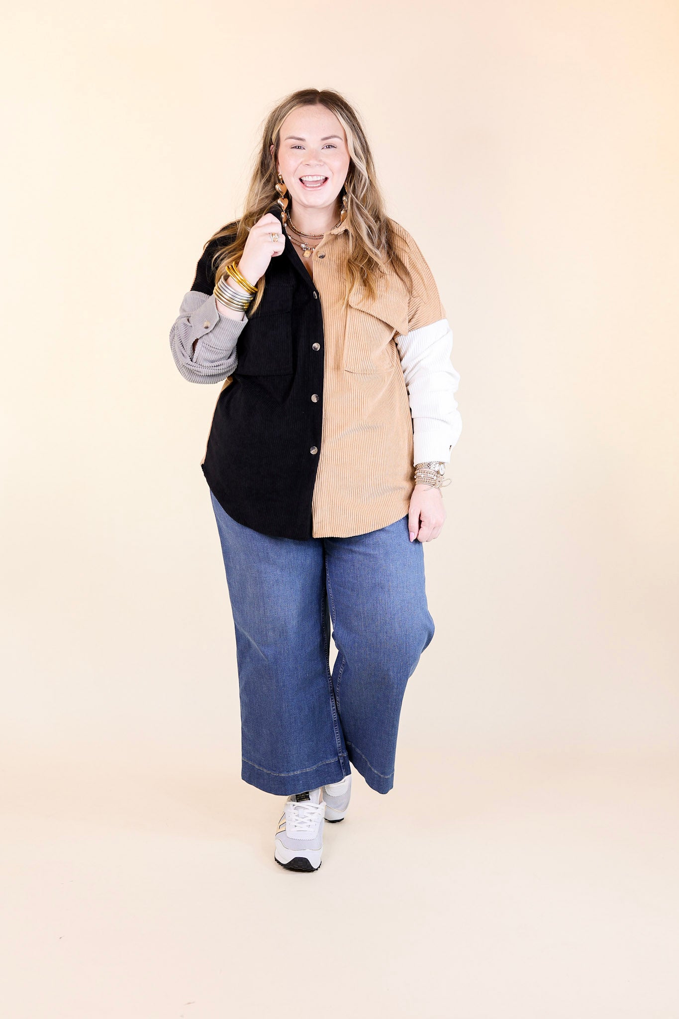 Premium Corduroy Shacket - Black & Tan Color Block Style