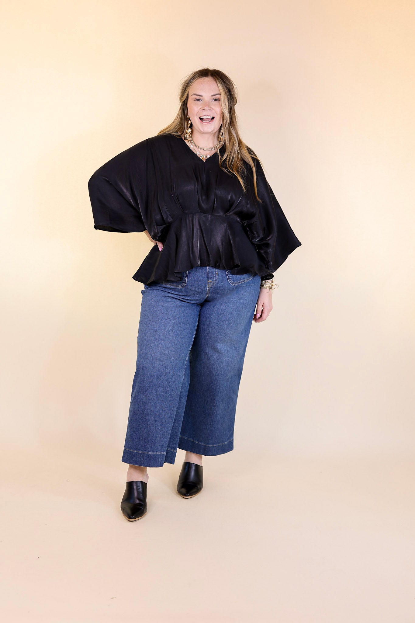 Ultimate Shiny Black Satin V-Neck Peplum Top with Drop Sleeves