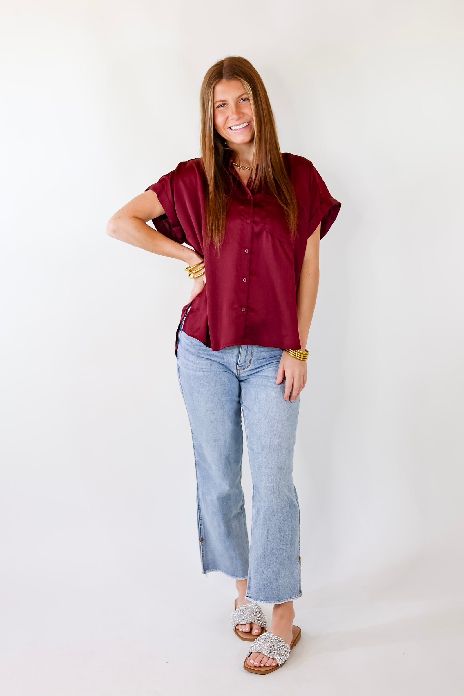 Premium Maroon Button-Up Short Sleeve Top - Free To Be Fab