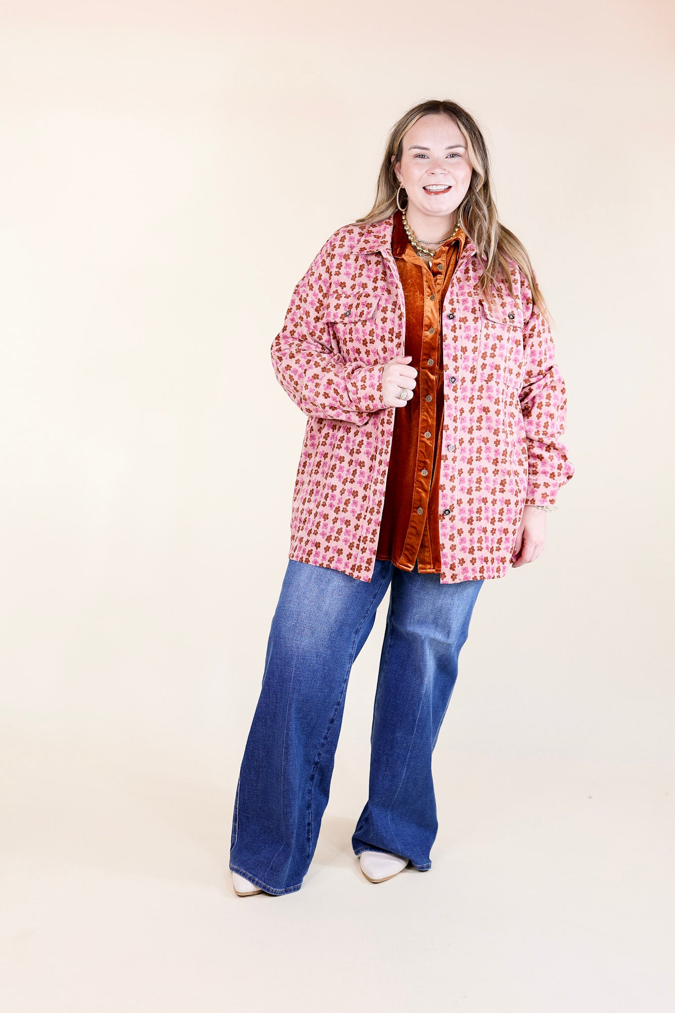 Premium Autumn Brunch Floral Print Corduroy Shacket - Dusty Pink