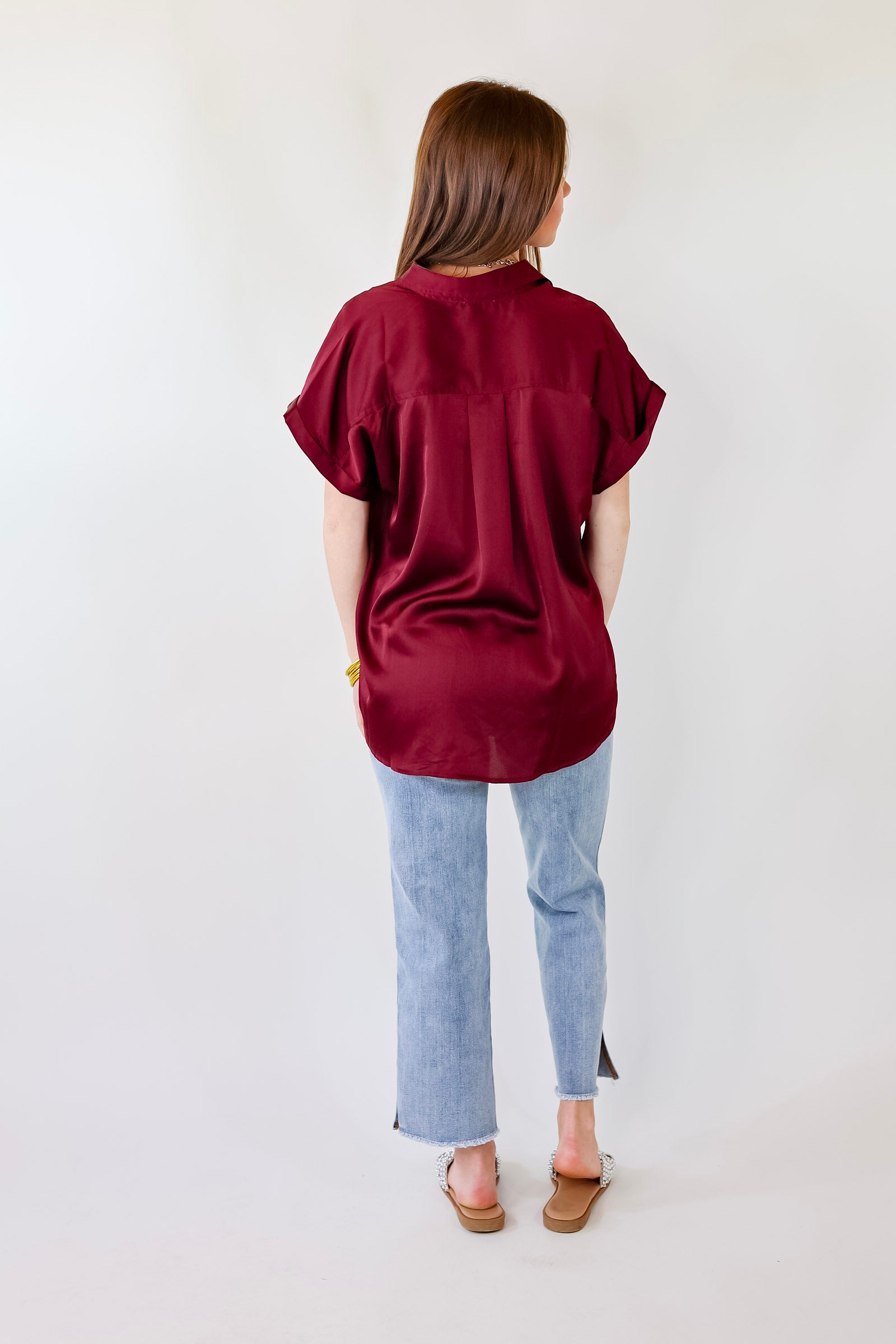 Premium Maroon Button-Up Short Sleeve Top - Free To Be Fab