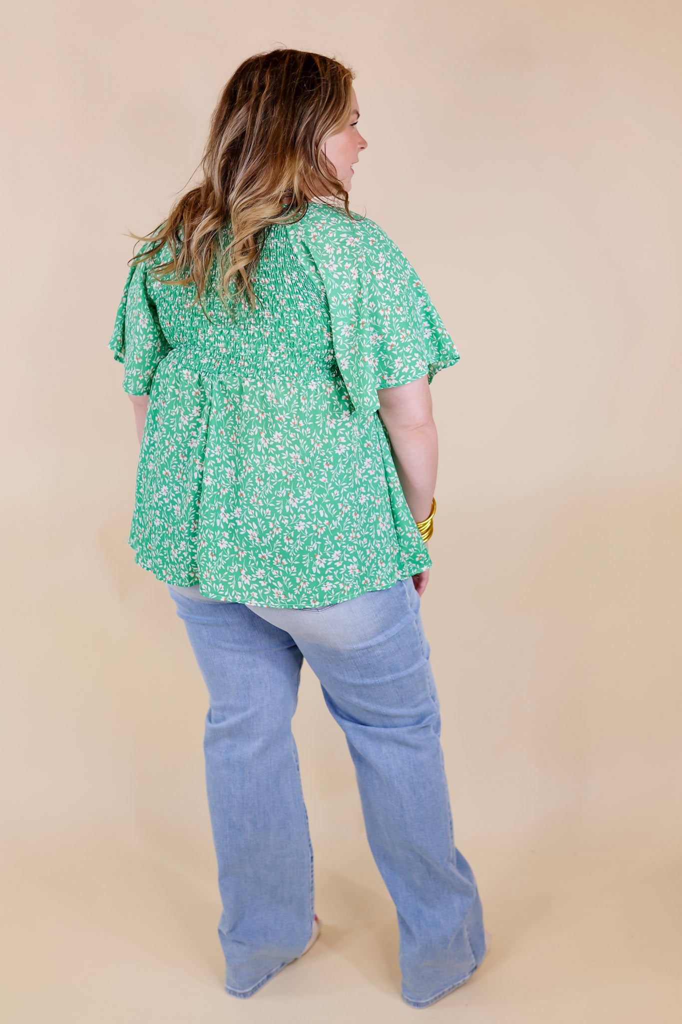 Premium Floral Smocked Top - Green Coastal Chic