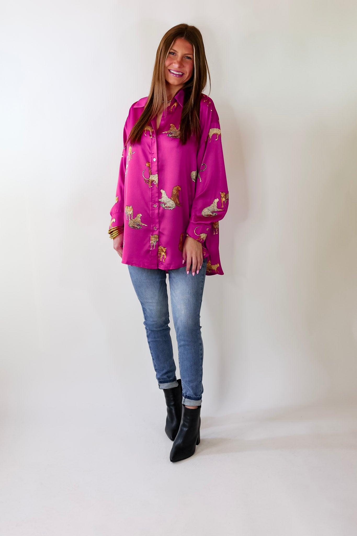 Premium Cheetah Print Long Sleeve Button-Up Top - Magenta Pink
