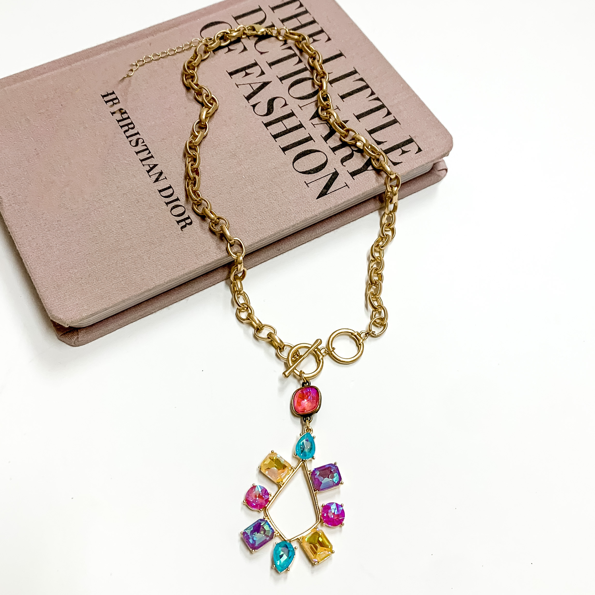 Pink Panache Gold Chain Necklace | Premium Pink Lotus & Multicolor Crystal Pendant