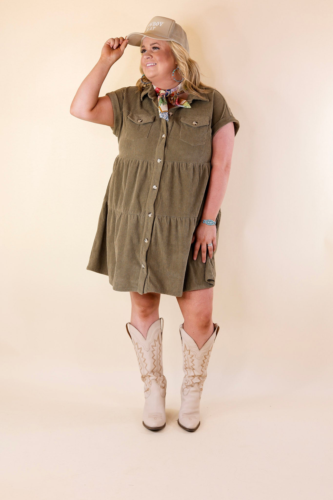 Ultimate Obsession Corduroy Button-Up Dress - Olive Green
