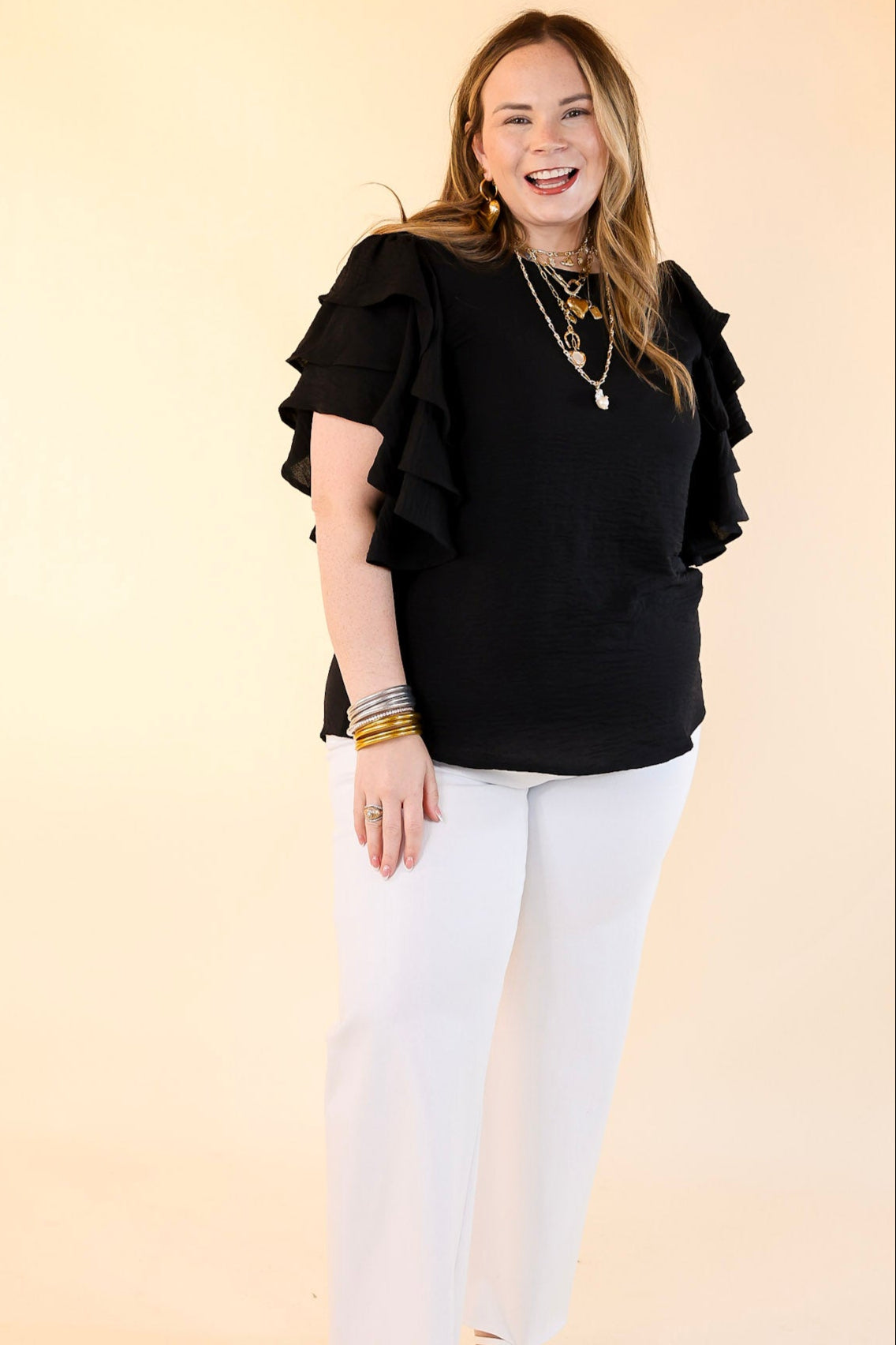 Premium Elegance: Black Multi-Tiered Ruffle Cap Sleeve Top