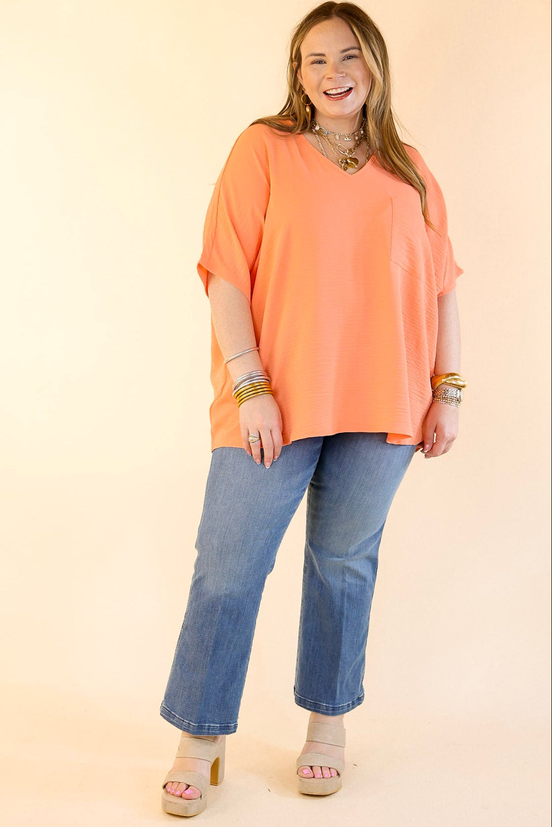 Premium Casual V-Neck Short Sleeve Top with Front Pocket - Coral