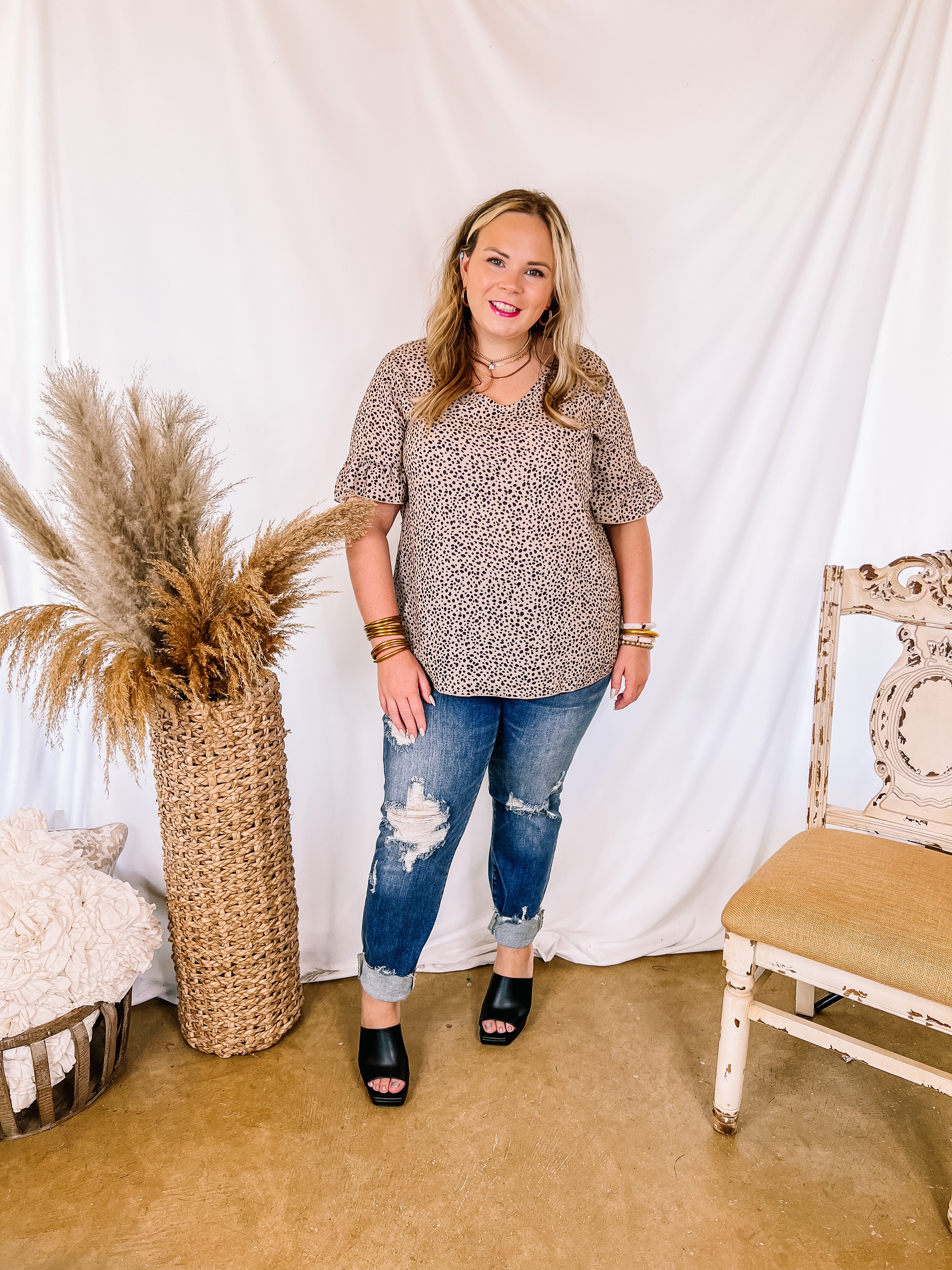Premium Taupe V-Neck Ruffle Top with Dotted Print | Ultimate Casual Elegance