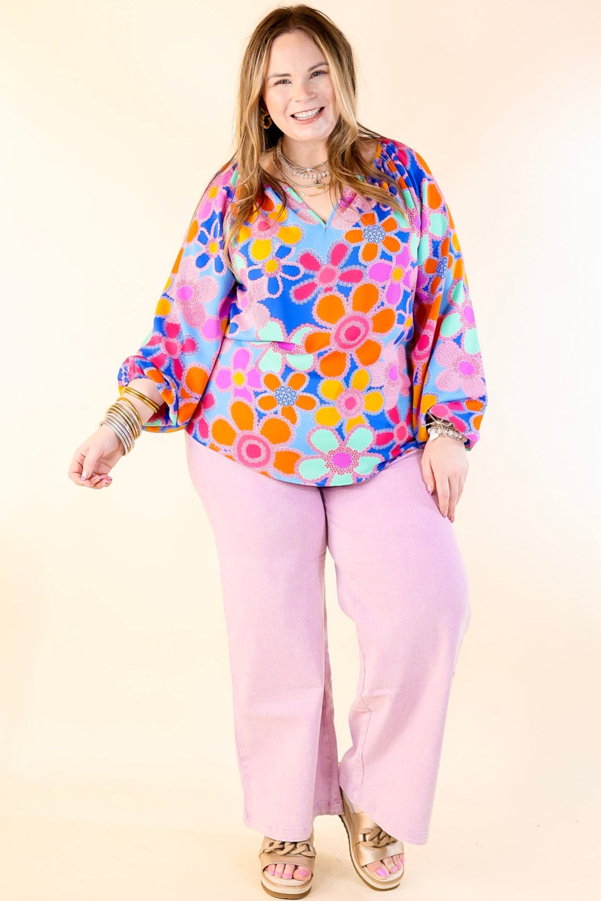 Premium Floral Print Blouse with Notched Neckline - Blue