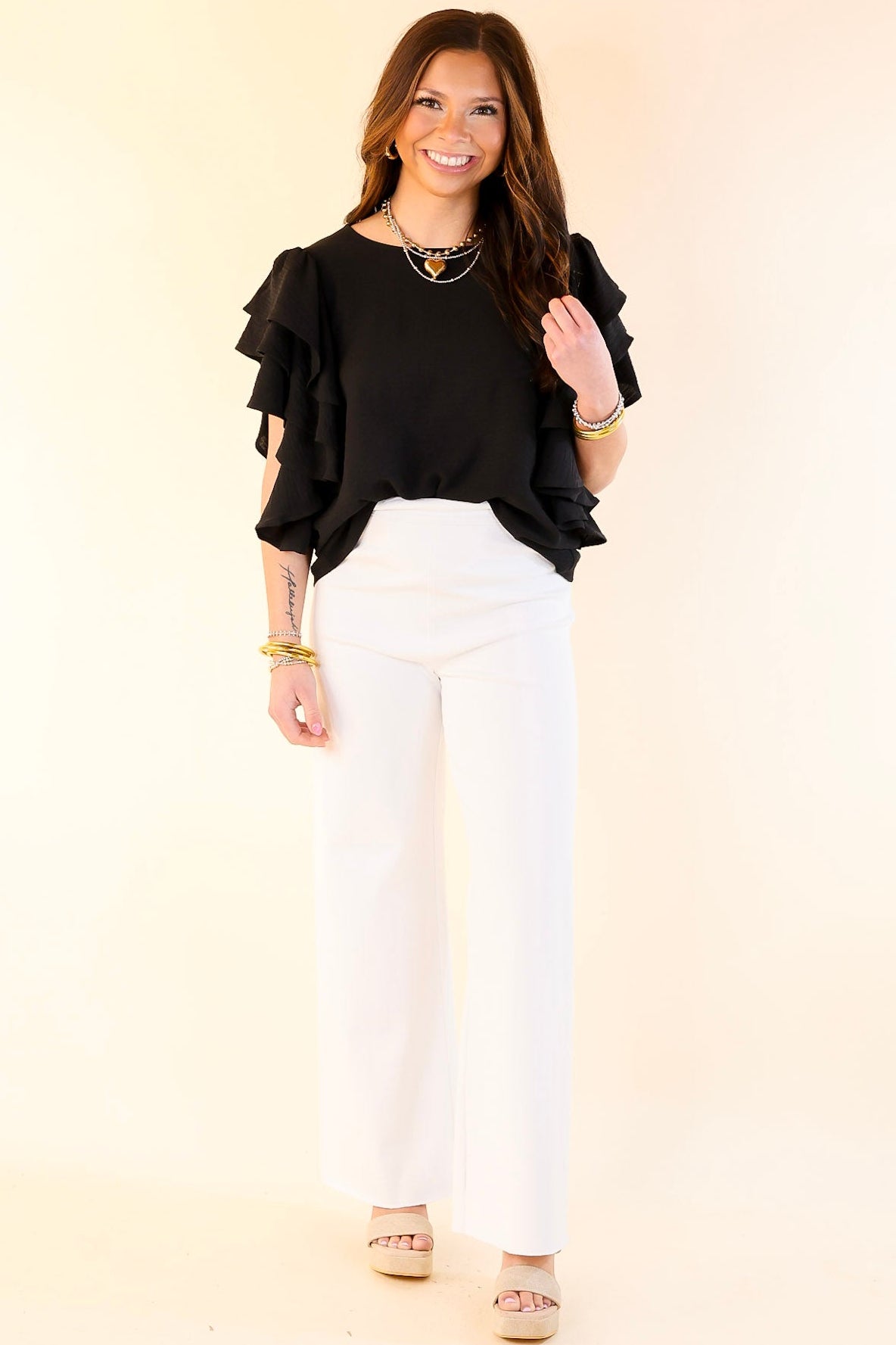 Premium Elegance: Black Multi-Tiered Ruffle Cap Sleeve Top