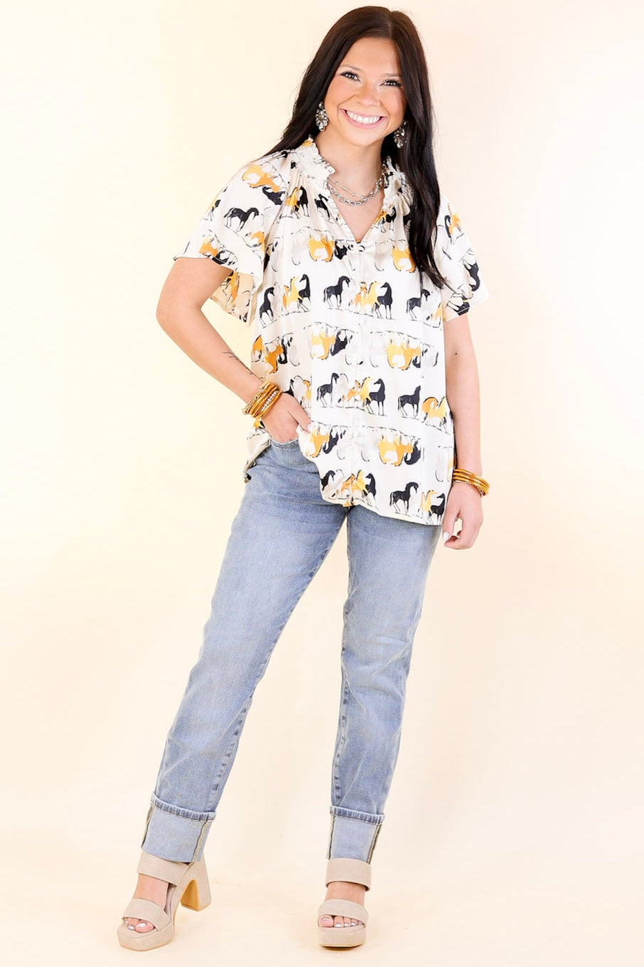 Premium Away We Go Ivory Horse Print Button-Up Shirt
