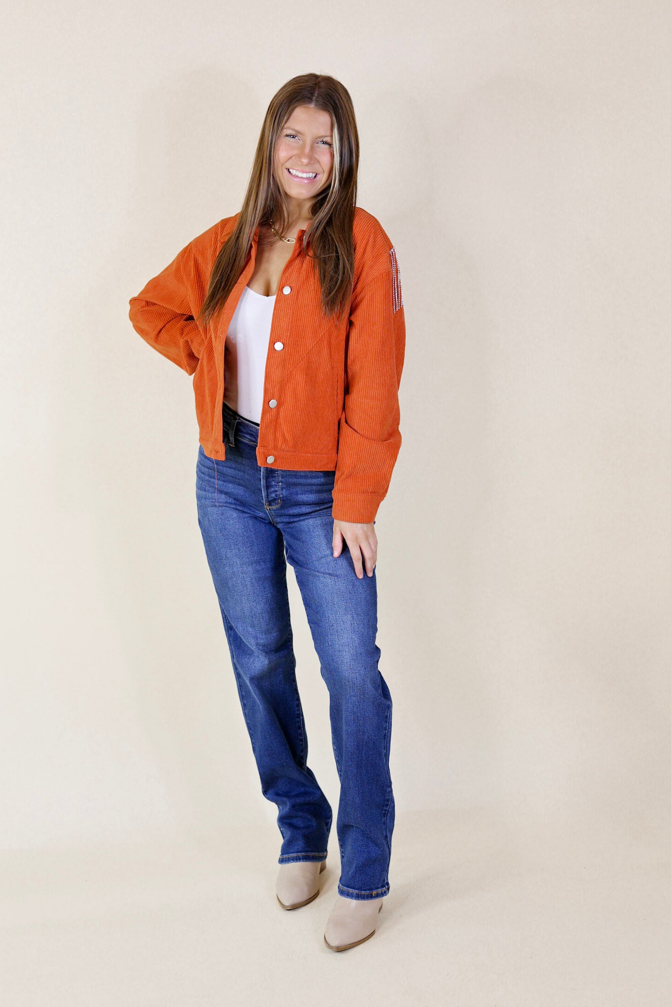 Ultimate Rust Orange Corduroy Shacket with Crystal Fringe Back