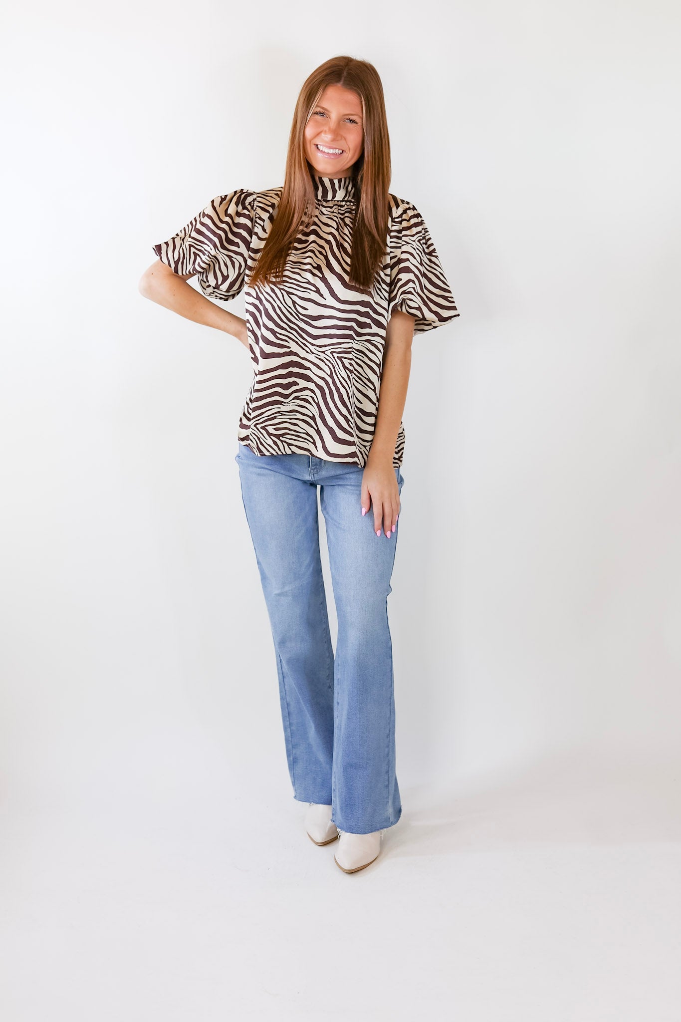 Premium Rival Flair Zebra Print Mock Neck Top - Chocolate Brown & Cream